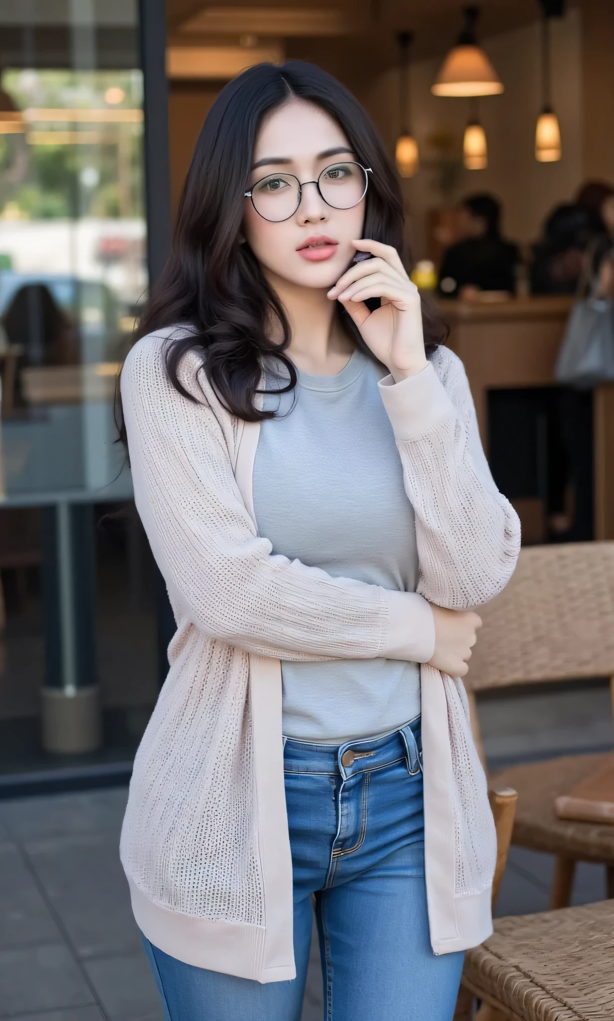 (Masterpiece: 1.2, Best Quality), Realistic, (Realistic Picture, Complex Details, Depth of Field), Best Quality, Masterpiece, Highly Detailed, Realistic, 1 mature, indonesian old wife, 45 Years Old, chest forward, big breasts, thin lips, beautiful and seductive, curvy body, wearing hijab, wearing t-shirt with cardigan, skinny denim pants, full body view, look at viewer, full photo, background front of coffee shop, sexy model style pose, thin round glasses