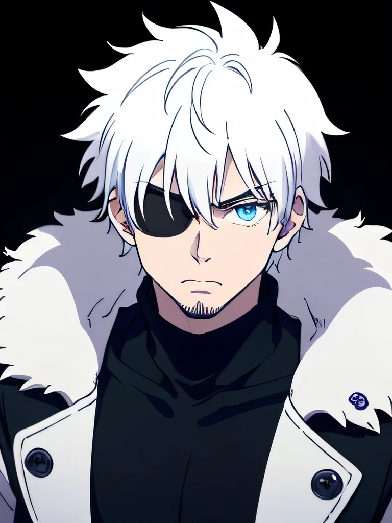 35 year old man , indonesian , have canines, strong , tough , a deputy leader, Wearing an eye patch, white hair color, blue eyeball color, wearing a furry coat , muscular , authoritative , FORWARD LOOKING , doesn't say much , paint, strategist , Not hesitating with his opponent, bearded