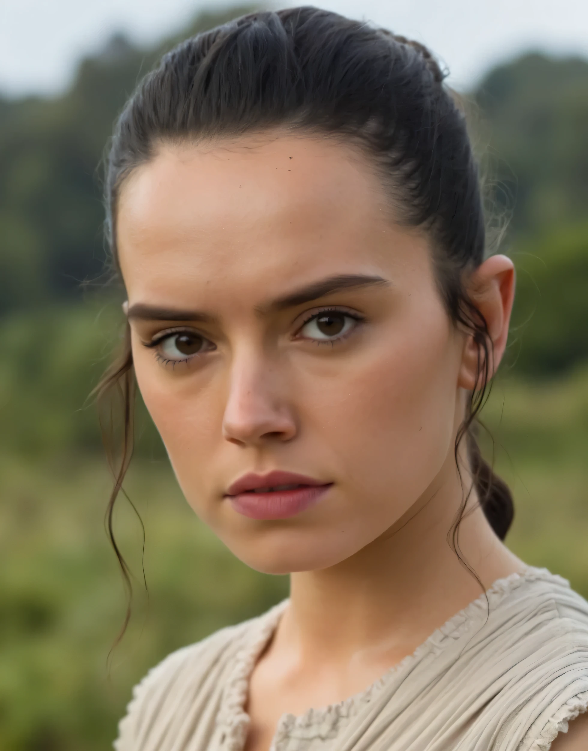 The close-up image shows Daisy Ridley's face. She looks to be in her early thirties, with her hair pulled back in a high bun. She has a serious expression on her face and she looks straight at the camera. She has dark eyes and furrowed eyebrows. She's wearing a light-colored top with a frilly neckline, and her hair is styled in loose waves. The background is blurry, but it appears to be an outdoor landscape surrounded by trees and greenery. The lighting is soft and natural, accentuating the woman's facial features.