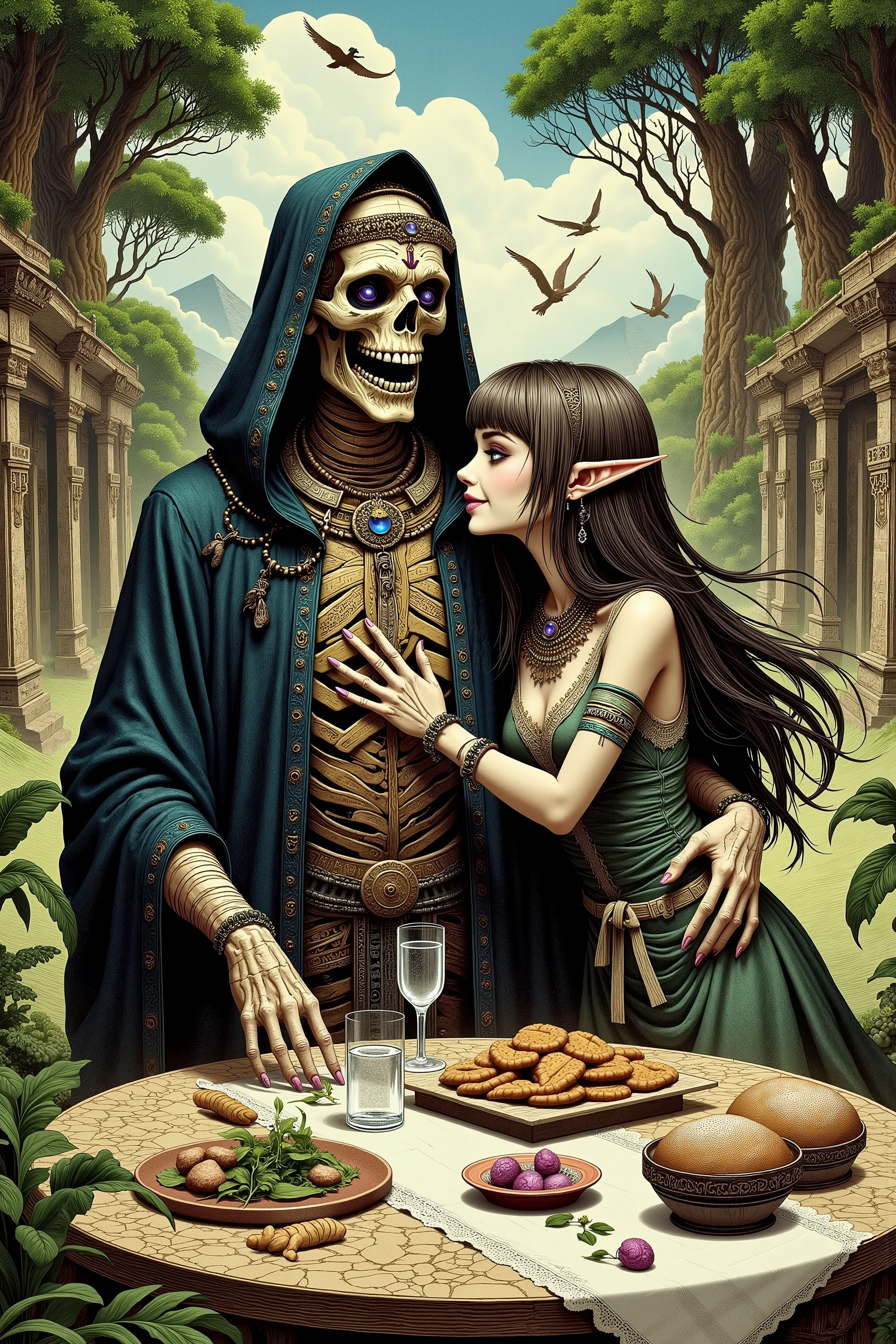 (Ultra-detailed face, Looking away, Gothic Illustration, Dark tone colors. She has five fingers on her hands and five toes on her feet.), BREAK
(The City of the Dead, an ancient temple complex in the style of the Inca civilization, stands in a lush green forest. In the temple courtyard, a large round table of polished marble is set on a white linen luncheon mat with cookies and baked goods, and a ceramic decanter and glasses filled with sparkling water.), BREAK
(Beside the table, a tall, old, deathless male mummy elf, bandaged like a mummy, and a young elf daughter are hugging. A very smiling scene.), BREAK
(The elderly councilor, an elf mummy, is wearing a dark blue hooded robe with golden embroidery like letters and a large beaded necklace with a sun on the chest. Her body, visible through her clothes, is dried out and tattooed. Her face is skeletal.), BREAK
(The young elf woman has honey-colored hair and eyebrows, blunt bangs, waist-length long well-groomed hair, small pink lips, lavender eyes, wheat-colored skin, and thick eyeliner.), BREAK
(The young elf woman wears a young grass-colored ribbon tie. She wears a green linen lace-up dress with lace ruffles and gold thread embroidery, and dark green laced sandals.)