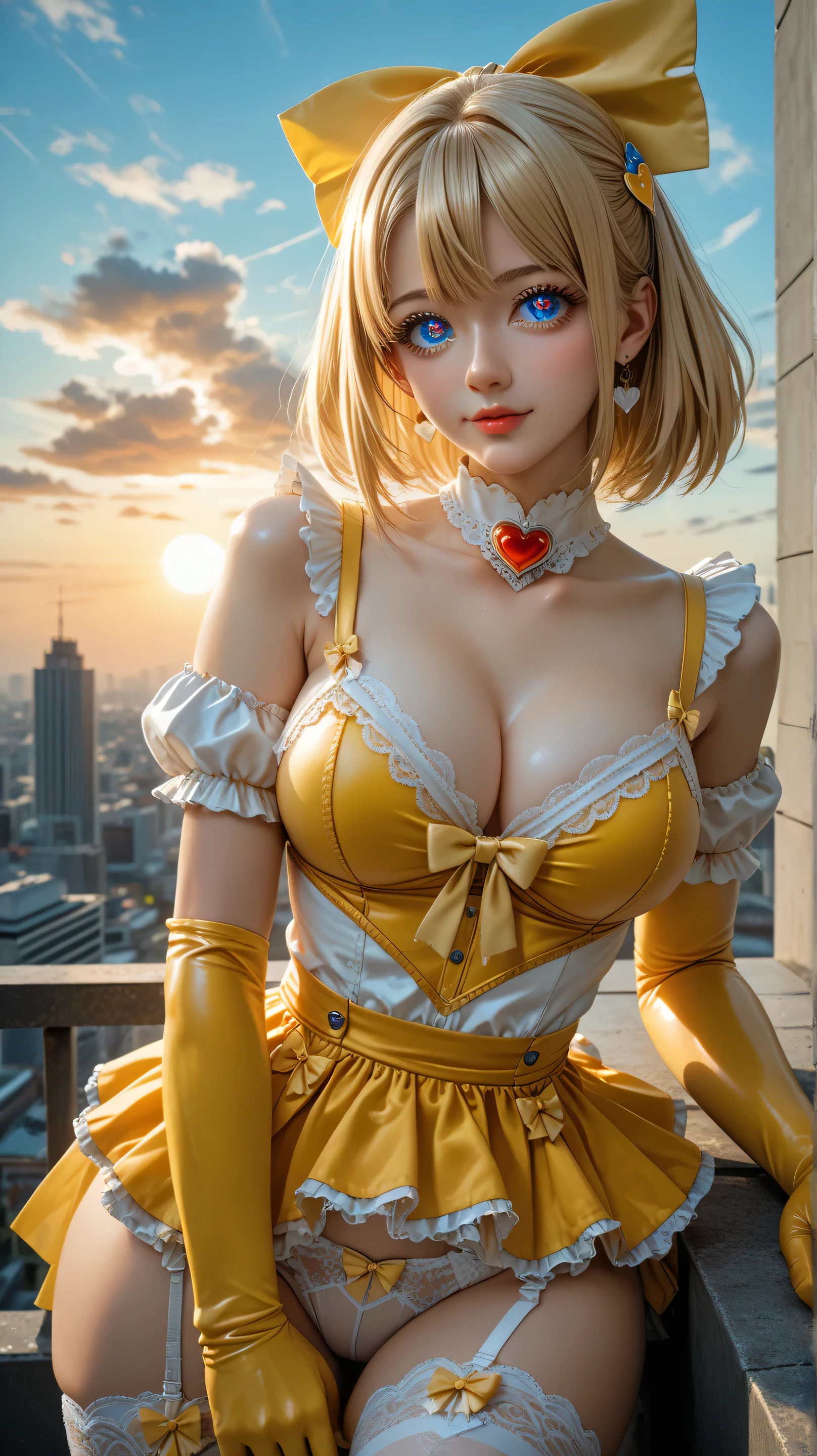 (((Beautiful face))), (((masterpiece face))), blonde hair, chignon, French braid on top of hair, hair falling down back, long hair, hoop earrings, (((Big smile))), (((criss-crossing straps on dress, ([flat chest:medium breasts:0.7])))), flowers, floral dress, gilded flower, ((elbow gloves)), bright blue eyes, (((intricate:1.3, filigree, orange white black dress))), (((dress connecting with gloves))), bangs framing face
