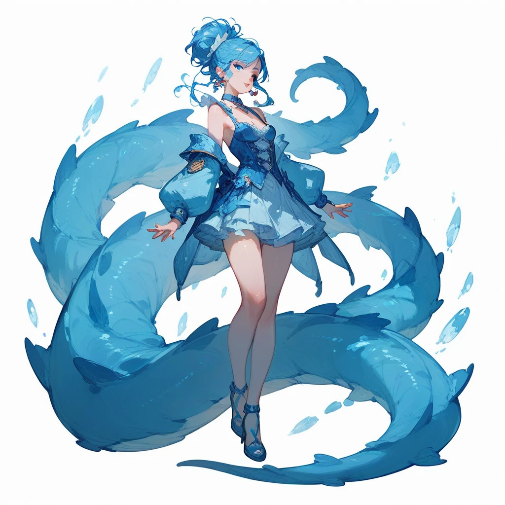 1girl, reference sheet, (mermaid character design, front, back, side) feminine. dark brown hair, blue eyes. mage outfit, ancient runes on clothing. lean athletic build. neatly kept, long hair. half fish. beautiful, shimmering blue tail, covered in scales. Large chest, endowed breasts.