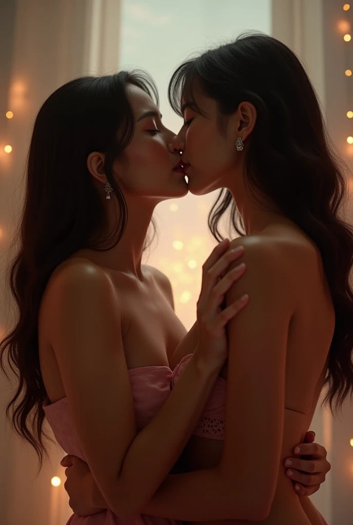 2 cute korean girls, young girl in a love hotel with dim lighting and bdsm stuff, completely nude, huge breasts and nipples, all looking very younger. passionately kiss