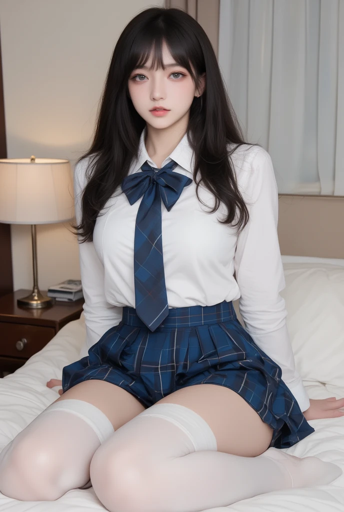 low angle shot,An arafed asian woman wearing a short skirt and bow tie is sitting on a train, cute high school girl, japanese girl uniform, wearing japanese school uniform, japanese school uniform, a hyperreal high school girl, dressed like a high school girl, hyperreal high school girl, wearing school uniform, real high school girl, girl in uniform, wearing school uniform, Photo of high school girl posing, whole body, nice skin, glowing skin, nice thighs,Shining thighs, shining legs