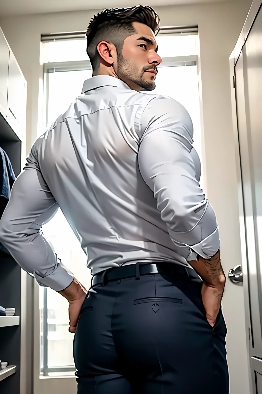 40-year-old boy Japanese muscular male in transparent white formal shirt......... short haired, bearded, wearing navy blue shiny trouser ...........gooning seductive expression.................... dripping on body and pants...................., arching back............... looking back to the camera. [[ huge big unrealistic butt,]] hairy legs.................. muscular thigh......................close up on butt........low angle camera looking up at body........... in locker room........
