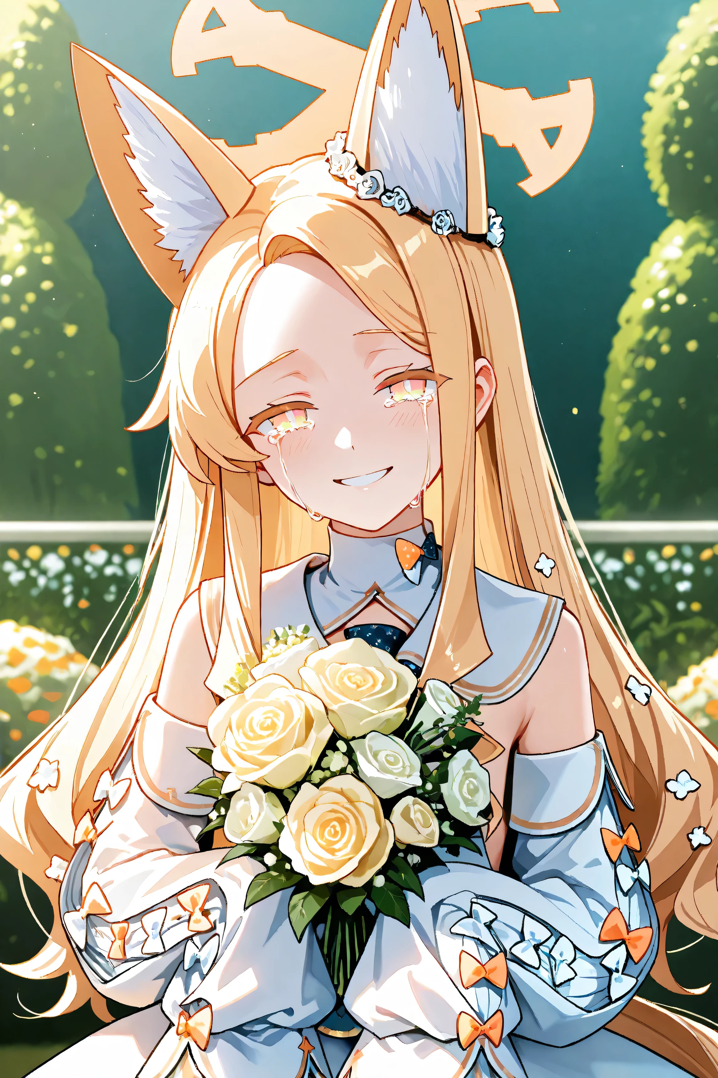 1girl, seia, yellow eyes, blonde hair, very long hair, fox ears, hair ornament, hair flower, halo
white dress, frilled dress, sleeveless dress, white sailor collar, blue necktie, detached sleeves, puffy sleeves, sleeves past wrists, sleeves past fingers, king crown on head, crying, ((big smile)), happy, bust shot, holding bouquet, at garden, front light, look at viewer