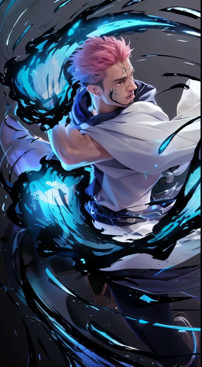 absurdres, highres, ultra detailed, HDR, master piece, best quality, delicated features, Hijikata Toshiro, black hair, expressive dark blue eyes, Gintama, solo, sexy man, handsome, toned chest, black clothes, patterns, magical, fantasy, blue background, blue spider lilies, shining, blue petals, blue glittering butterflies, blue water