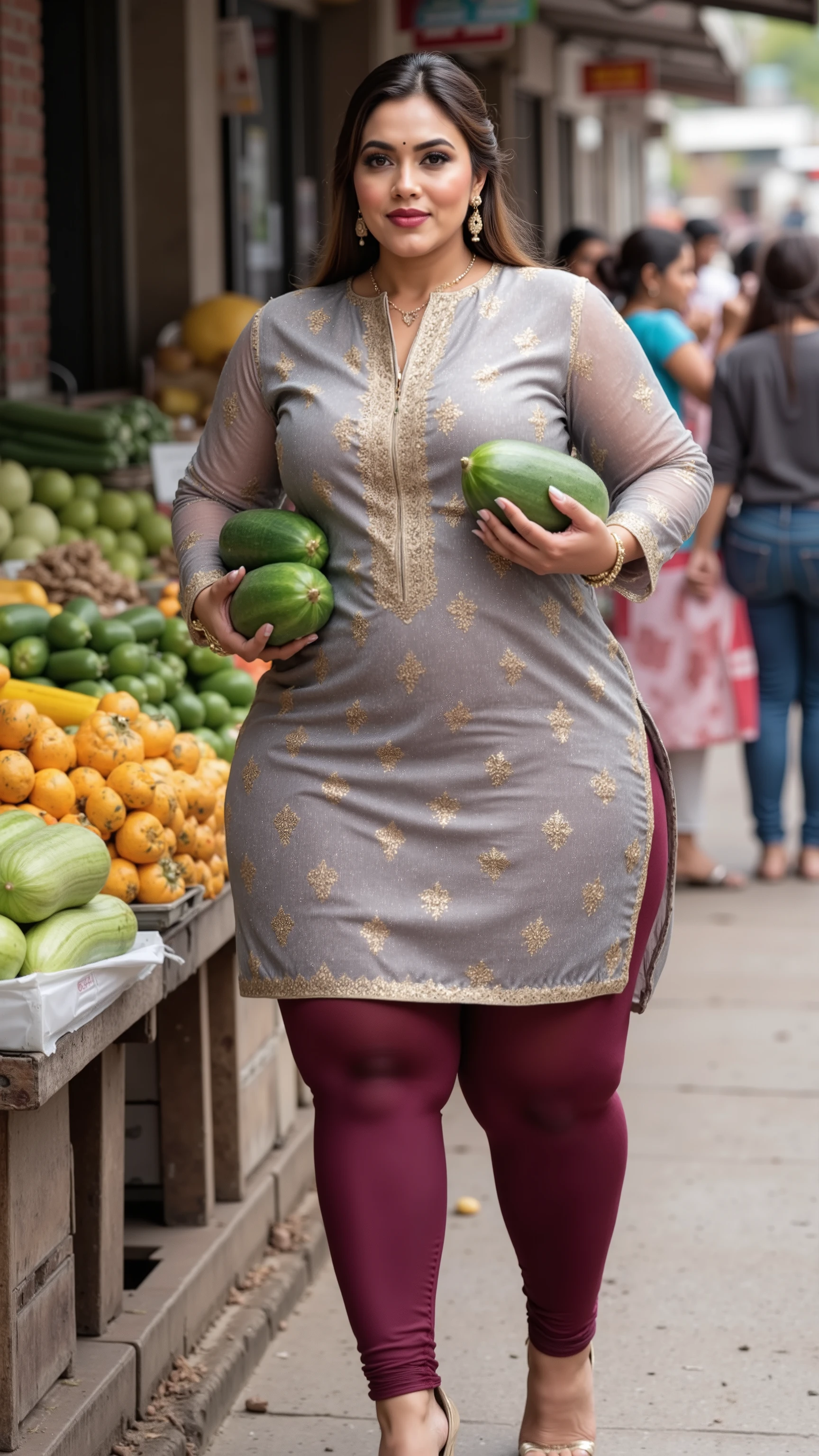 I am 40 year old plus size tall and big giant indian muslim women, celebrity face, beautiful woman,, wearing a gold boarded sleeveless transparent gray silk kurti and shining reflective glossy maroon tight leggings,different hair styles,dark red lips, indian ornaments,6 inch gold stelito heels,thick leggs, round ass,bulging ass,huge breast,exposing ass,woman standing infront of a cucumber shop and purchasing cucumber in a crowded vegetable market in a village,side view of woman only