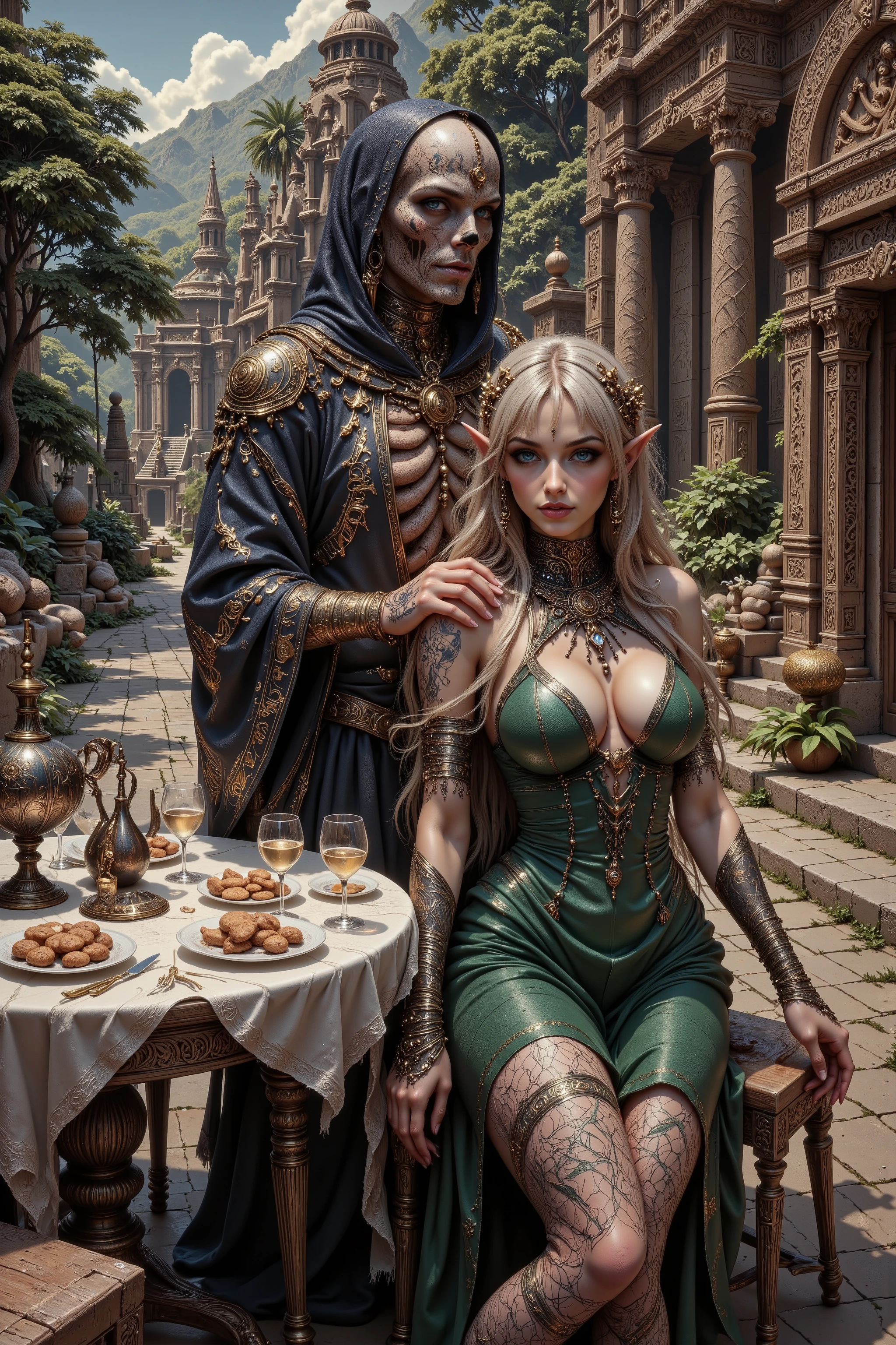 (Ultra-detailed face, Looking away, Gothic Illustration, Dark tone colors. She has five fingers on her hands and five toes on her feet.), BREAK 
(The City of the Dead, an ancient temple complex in the style of the Inca civilization, stands in a lush green forest. In the temple courtyard, a large round table of polished marble is set on a white linen luncheon mat with cookies and baked goods, and a ceramic decanter and glasses filled with sparkling water.), BREAK 
(Beside the table, a tall, old, deathless male mummy elf, bandaged like a mummy, and a young elf daughter are hugging. A very smiling scene.), BREAK 
(The elderly councilor, an elf mummy, is wearing a dark blue hooded robe with golden embroidery like letters and a large beaded necklace with a sun on the chest. Her body, visible through her clothes, is dried out and tattooed. Her face is skeletal.), BREAK 
(The young elf woman has honey-colored hair and eyebrows, blunt bangs, waist-length long well-groomed hair, small pink lips, lavender eyes, wheat-colored skin, and thick eyeliner.), BREAK 
(The young elf woman wears a young grass-colored ribbon tie. She wears a green linen lace-up dress with lace ruffles and gold thread embroidery, and dark green laced sandals.)