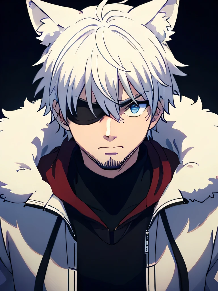 35 year old man , indonesian , have canines, strong , tough , a deputy leader, wearing a blindfold on the right, white hair color, blue eyeball color, wears white fluffy coat, muscular , authoritative , FORWARD LOOKING , doesn't say much , paint, strategist , Not hesitating with his opponent, bearded , have wolf ears