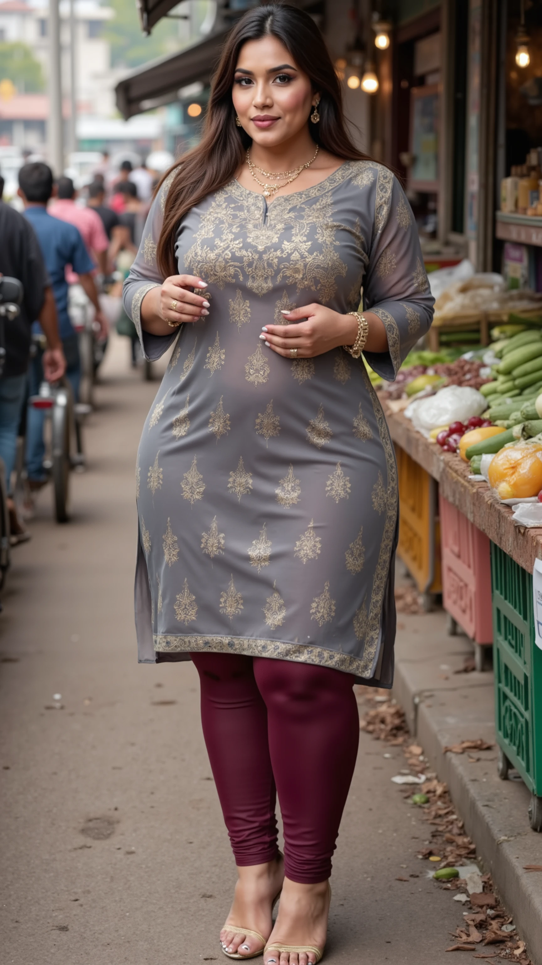 I am 40 year old plus size tall and big giant indian muslim women, celebrity face, beautiful woman,, wearing a gold boarded sleeveless transparent gray silk kurti and shining reflective glossy maroon tight leggings,different hair styles,dark red lips, indian ornaments,6 inch gold stelito heels,thick leggs, round ass,bulging ass,huge breast,exposing ass,woman standing infront of a cucumber shop and purchasing cucumber in a crowded vegetable market in a village,side view of woman only