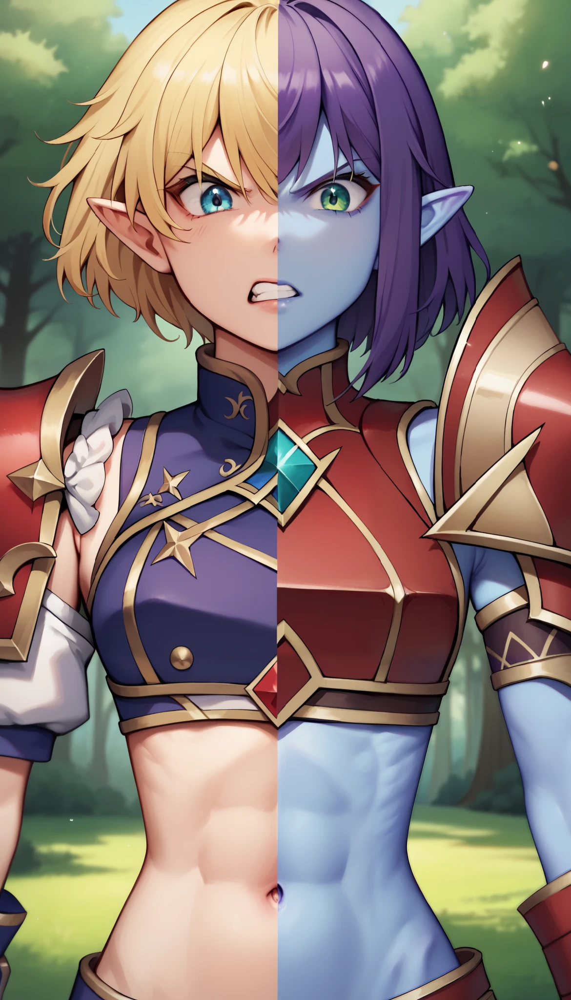 line in the middle, masterpiece, best quality, SplitScreen, split screen, forest background, pointy ear, 1girl, right side, Blonde hair, right Green eye, Red armored crop top, gold trim, red shoulder pad, natural skin tone, slender body, navel, angry expression,
masterpiece, best quality, SplitScreen, split screen, forest background, pointy ear, 1girl, left side, Purple hair, left Blue Eye, dark Purple armored crop top, Gold trim, dark Purple shoulder pad, blue skin tone, slender body, navel, angry expression,