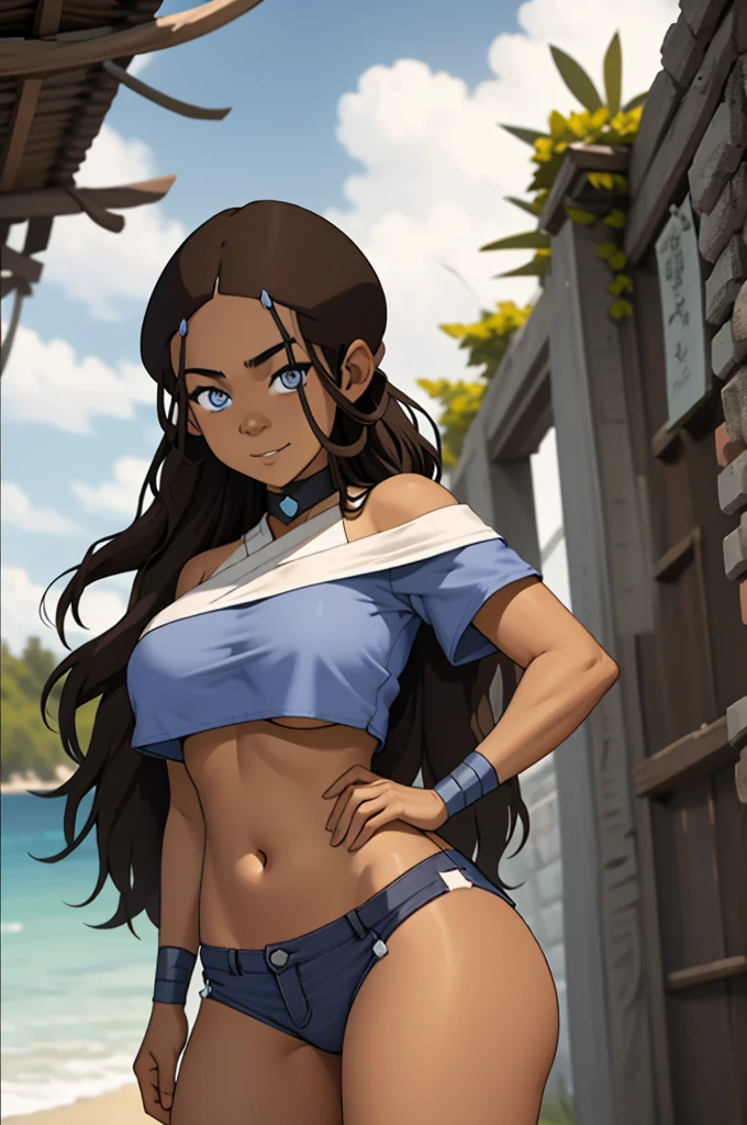 (masterpiece, best quality), 1girl,  <lora:tione-nvwls-v1:1> tione hiryute, braid || earrings, halterneck, cleavage, red crop top, bracer, clothes around waist, red thighhighs