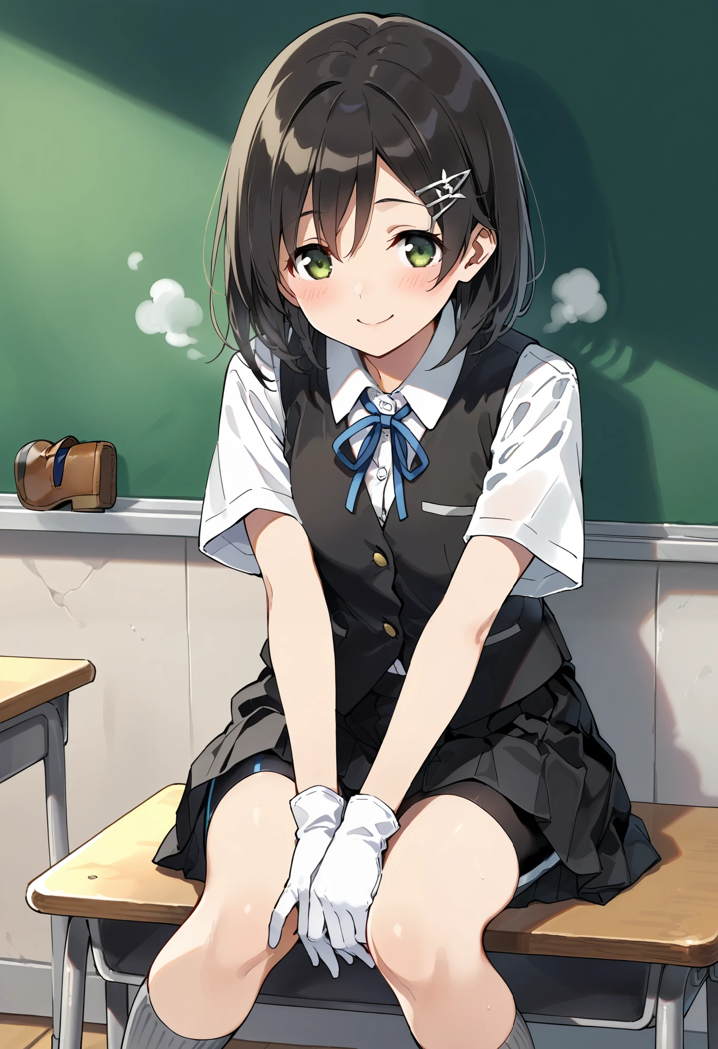 best quality , Masterpiece, high resolution, Alone, 1 girl,{kuroshio_kantaicollection:1.15},(Classroom Background),(), green eyes,short hair, shirt, hair ornament, ribbon,school uniform, white shirt, short sleeves, pleated skirt, hairclip,white gloves, black skirt, medium hair,neck ribbon, black shorts, blue ribbon, black vest, shorts under skirt,grey socks, loafers ,,,,(smile),(blush),( steam),(),(),(),