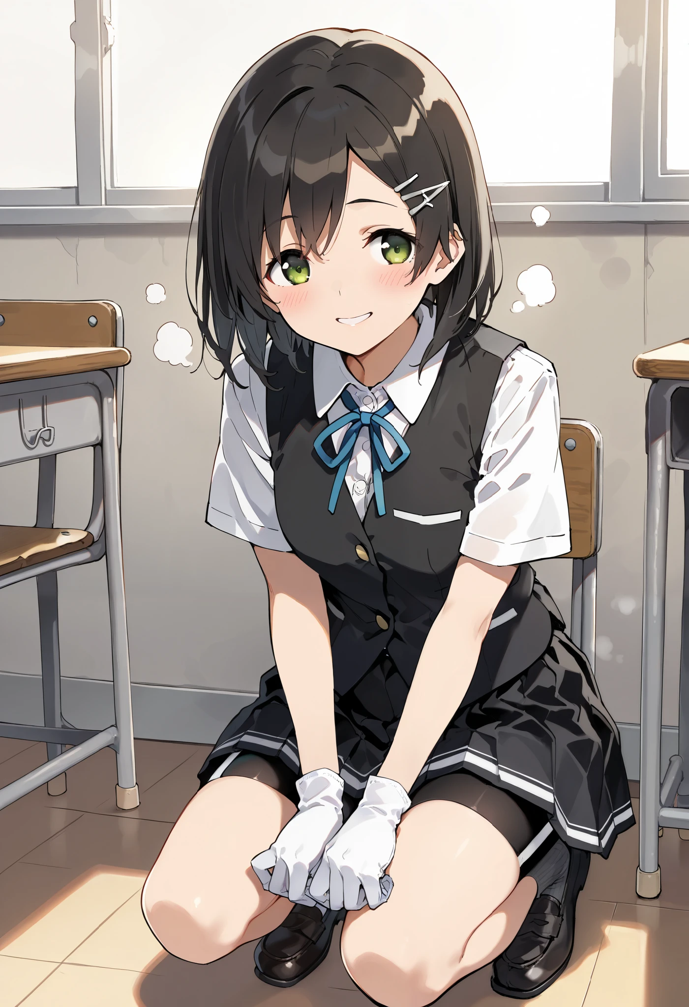 best quality , Masterpiece, high resolution, Alone, 1 girl,{kuroshio_kantaicollection:1.15},(Classroom Background),(), green eyes,short hair, shirt, hair ornament, ribbon,school uniform, white shirt, short sleeves, pleated skirt, hairclip,white gloves, black skirt, medium hair,neck ribbon, black shorts, blue ribbon, black vest, shorts under skirt,grey socks, loafers ,,,,(smile),(blush),( steam),(),(),(),