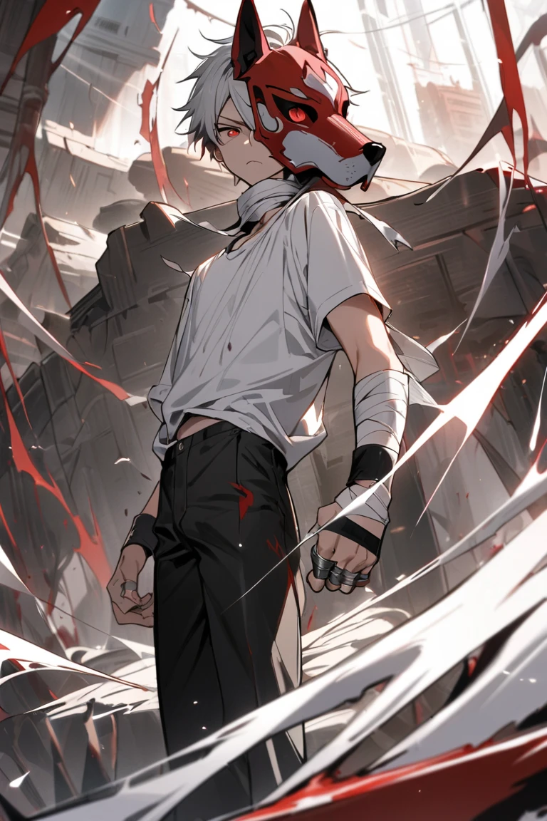 A boy with blood all over his body, the end, the ruins, the tension and fear, the counterattack action,