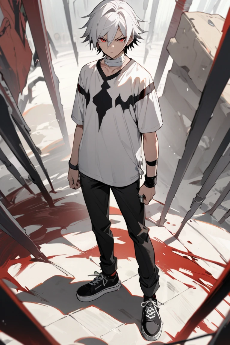 drops of blood on the wall of a dark room, where the light that comes from above only illuminates the image of a man of medium height dressed in hip hop clothes who has his hand on his head crying while looking at a headphone that is thrown on the floor