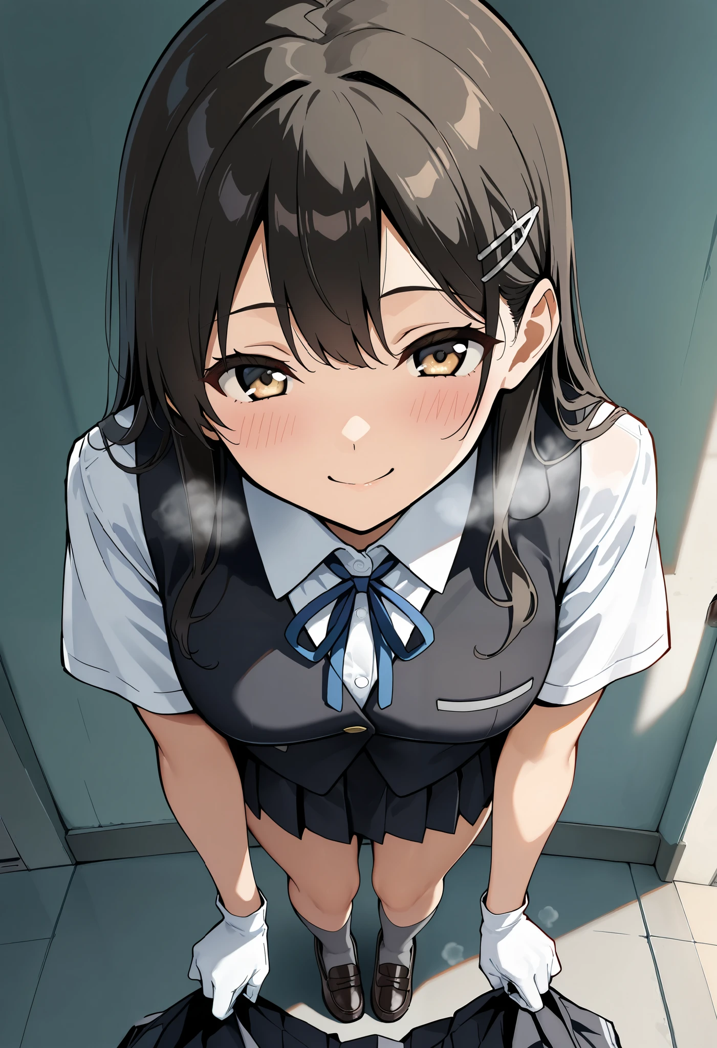 best quality , Masterpiece, high resolution, Alone, 1 girl,{oyashio_kantaicollection:1.15}, oyashioKC,black hair, long hair,school uniform, white shirt, short sleeves, pleated skirt, hairclip, collared shirt, white gloves, black skirt, neck ribbon, blue ribbon, black vest, grey socks, loafers ,,,,(smile),(blush),( steam),(),(),(),