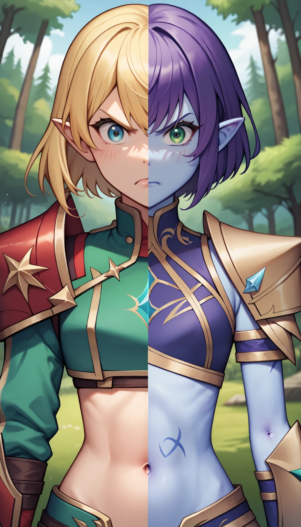 masterpiece, best quality, SplitScreen, split screen, forest background, pointy ear, 1girl, right side, right Blonde hair, right Green eye, right Red armored crop top, gold trim, right red shoulder pad, natural skin tone, slender body, navel, angry expression,
masterpiece, best quality, SplitScreen, split screen, forest background, pointy ear, 1girl, left side, left Purple hair, left Blue Eye, left dark Purple armored crop top, Gold trim, left dark Purple shoulder pad, blue skin tone, slender body, navel, angry expression,