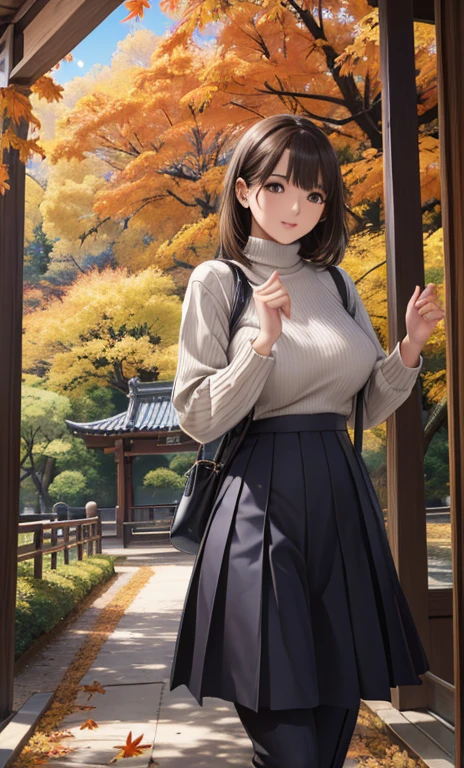anegasaki nene、 shiny chestnut hair , ( brown pretty eyes 、 sparkling eyes , Fine grain)、smile、超 Detailsな目、非常に Detailsな顔, 非常に Detailsな目,In 8K,  best quality ,  Details,(( one girl)), Cowboy Shot、




(A beautiful woman enjoying the beautiful autumn leaves and autumn scenery:1.5)、

Ueno Park：At a park where beautiful autumn leaves shine、  I especially recommend the area around the pond and the iconic Tokyo Metropolitan Art Museum in Ueno .、
 Meiji Jingu Gaien ： tree park 、There is a walking path lined with ginkgo trees and beautiful autumn leaves。.、
Jindaiji ： at this ancient temple located along the Tama River 、 You can enjoy beautiful fall foliage .、
generation々 tree park ：A vast park in the city center dotted with beautiful autumn leaves、
Inokashira Park：You can enjoy the autumn leaves at the pond and square in Inokashira Park.、

Choose a turtleneck sweater with a simple design、 } Wear a tailored jacket over it ,  make it look more stylish .、 for jackets ,  choose an autumn-like color or check pattern 、 make it look more stylish .、 look mature with wide pants .、
 Let's pair dark-tone pants with a silk blouse or shirt .、
 wear heeled boots 、It will add a stylish touch to your outfit.、

A pleated skirt is an item that enhances your femininity.、
 Wear a fall skirt with a simple knitted sweater to balance.、For your feet, For a more elegant look, choose boots or pumps.、

A warm knit dress that is perfect for adult women.、
 Turtleneck and hooded design 、Wear boots or loafers .、
 very beautiful 