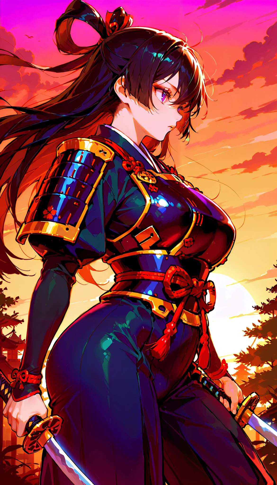 score_9, score_8_up, score_7_up,(hi-quality,high resolution), hime samurai,black hair,
Flying hair,long hair,parfect eyes,clear eyes,japanese armor,arms front,holding a sword,(curvy body:1.3),from side,sunset