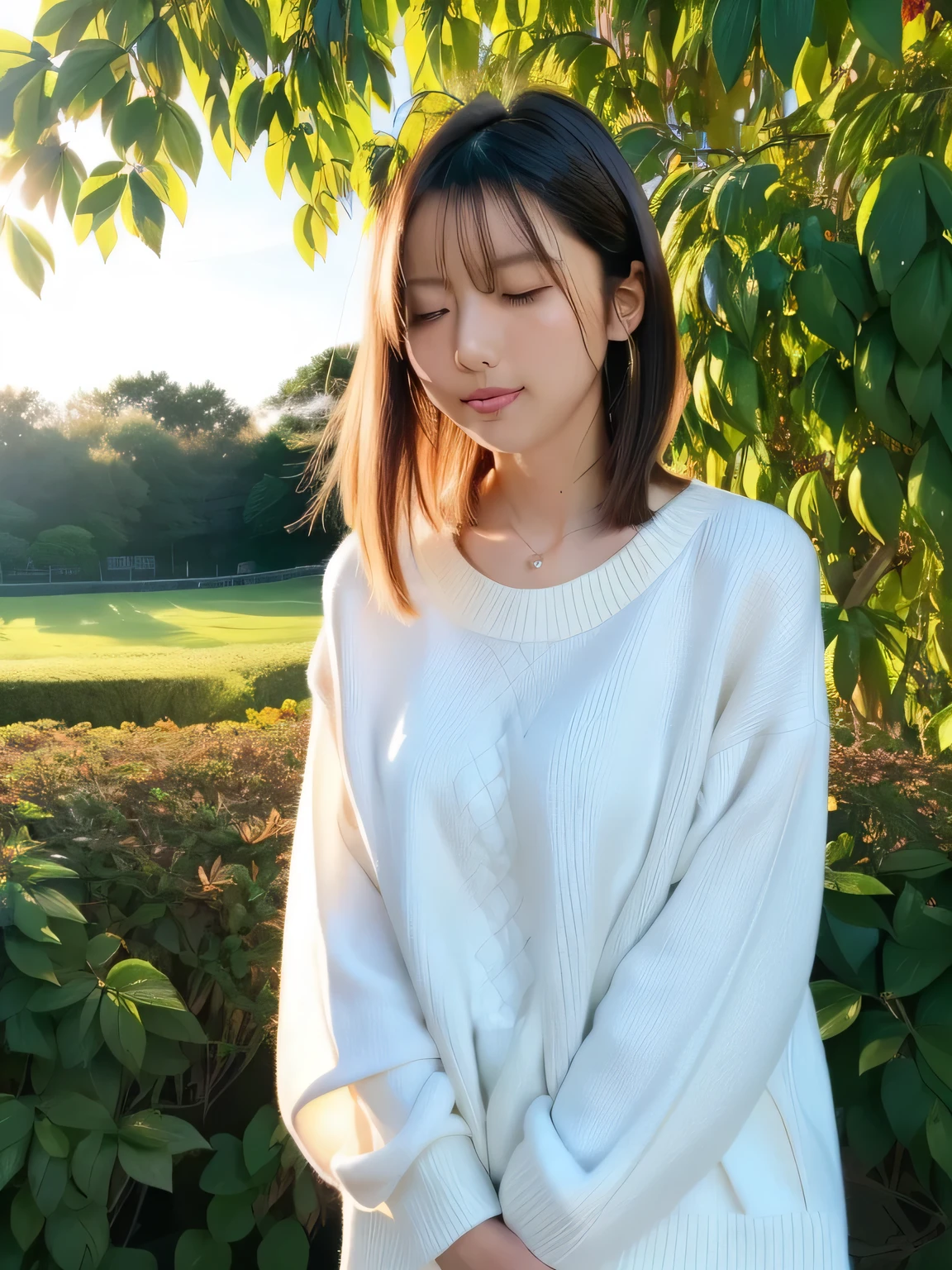 Depict a 20-year-old, very beautiful woman standing in a lush, green park at sunset. The warm light of the evening sun bathes the scene in a golden glow. She is facing forward, her eyes gently closed, her cheeks slightly flushed, and her face tilted slightly upward as if anticipating a kiss. The atmosphere is serene and romantic, with the soft colors of the sunset complementing the tranquil surroundings. 1 woman。