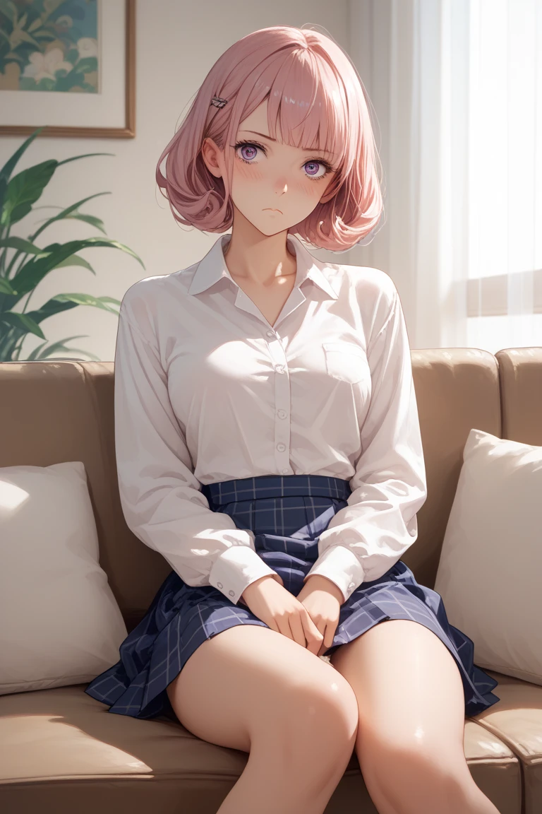 Masterpiece, Max resolution: 1.2, Ultra HDTV: 1.2, cinematric light, 8K resolution, Detailed facial features, Highly detailed face and skin texture, Detailed eyes with thick eyelashes, Pink short hair with noticeable highlights, TikTok shirt, Casual attire, Neat and clean, One person, Sitting on a chair or stool, Well-lit room, Background focused on the student, A beautiful student girl with a youthful, vibrant look, Fair skin with a healthy glow, Pouty lips with a subtle pink tint, Natural cheeks, Adorable smile that hints at a playful personality, Showing a glimpse of