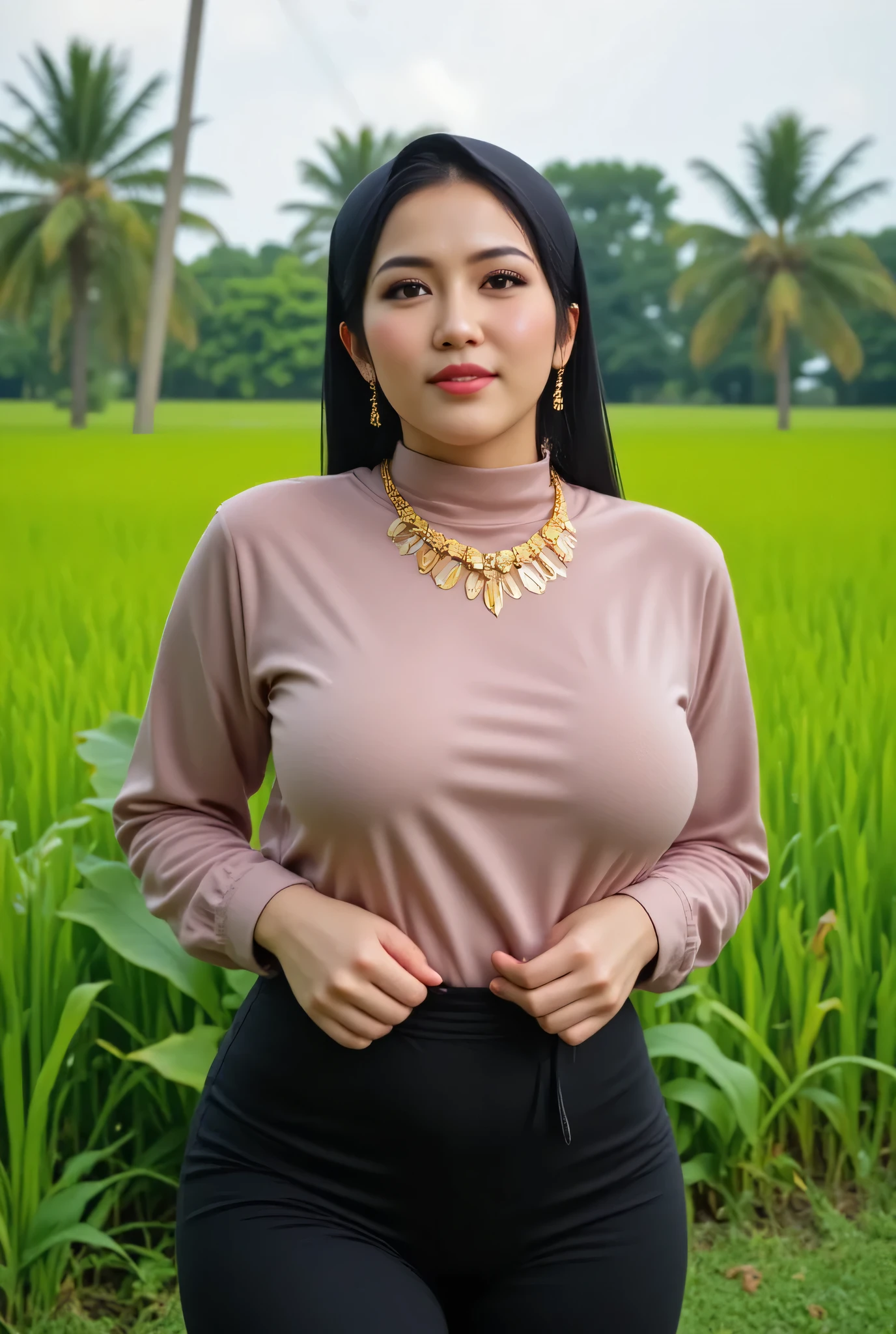 Beautiful Indonesian woman, wearing hijab, wearing a gold necklace, weight 65kg, wide waist, posing in rice fields, 4K, HDR, high resolution.