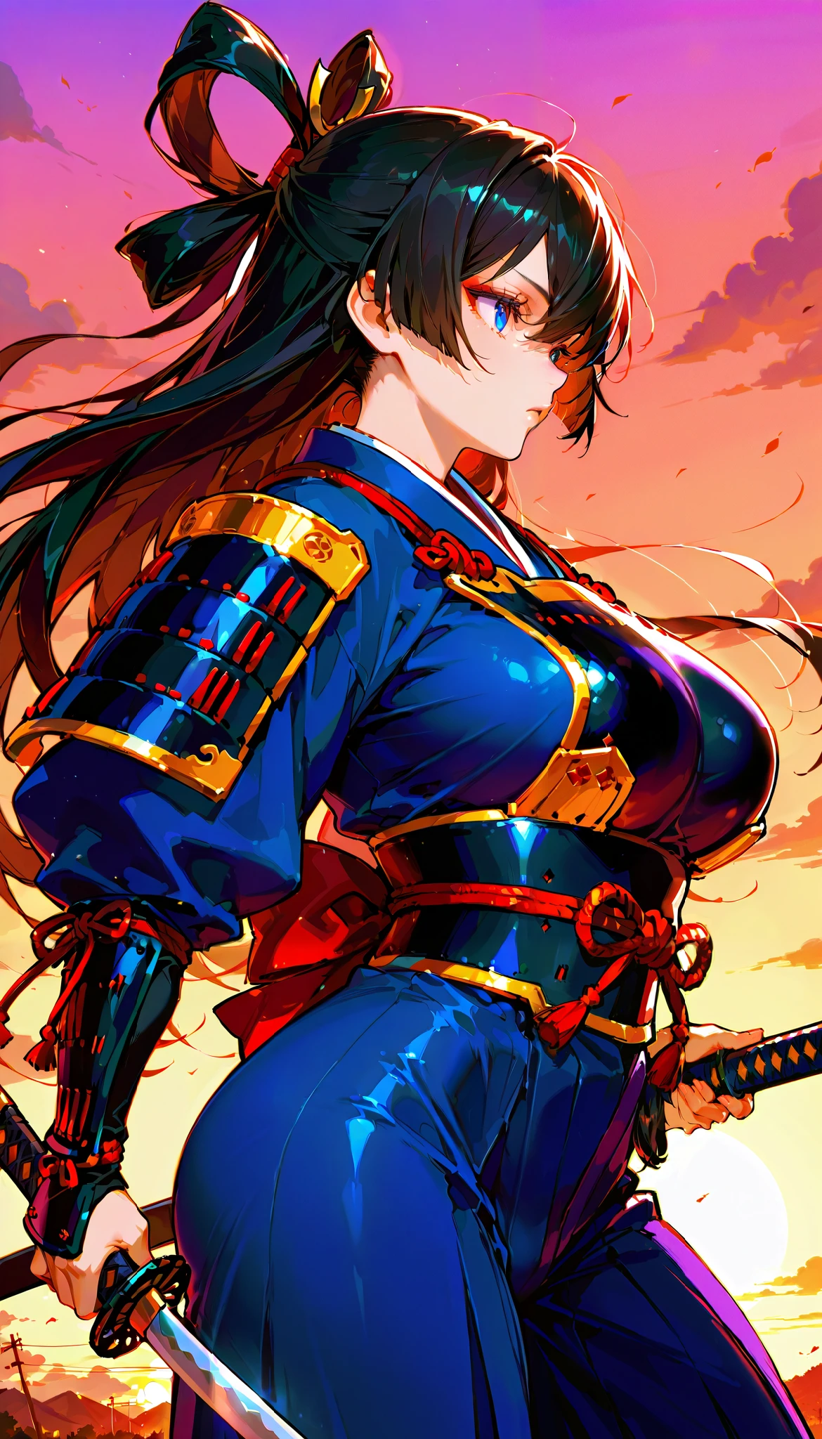 score_9, score_8_up, score_7_up,(hi-quality,high resolution), hime samurai,black hair,
Flying hair,long hair,parfect eyes,clear eyes,japanese armor,arms front,holding a sword,(curvy body:1.3),from side,sunset
