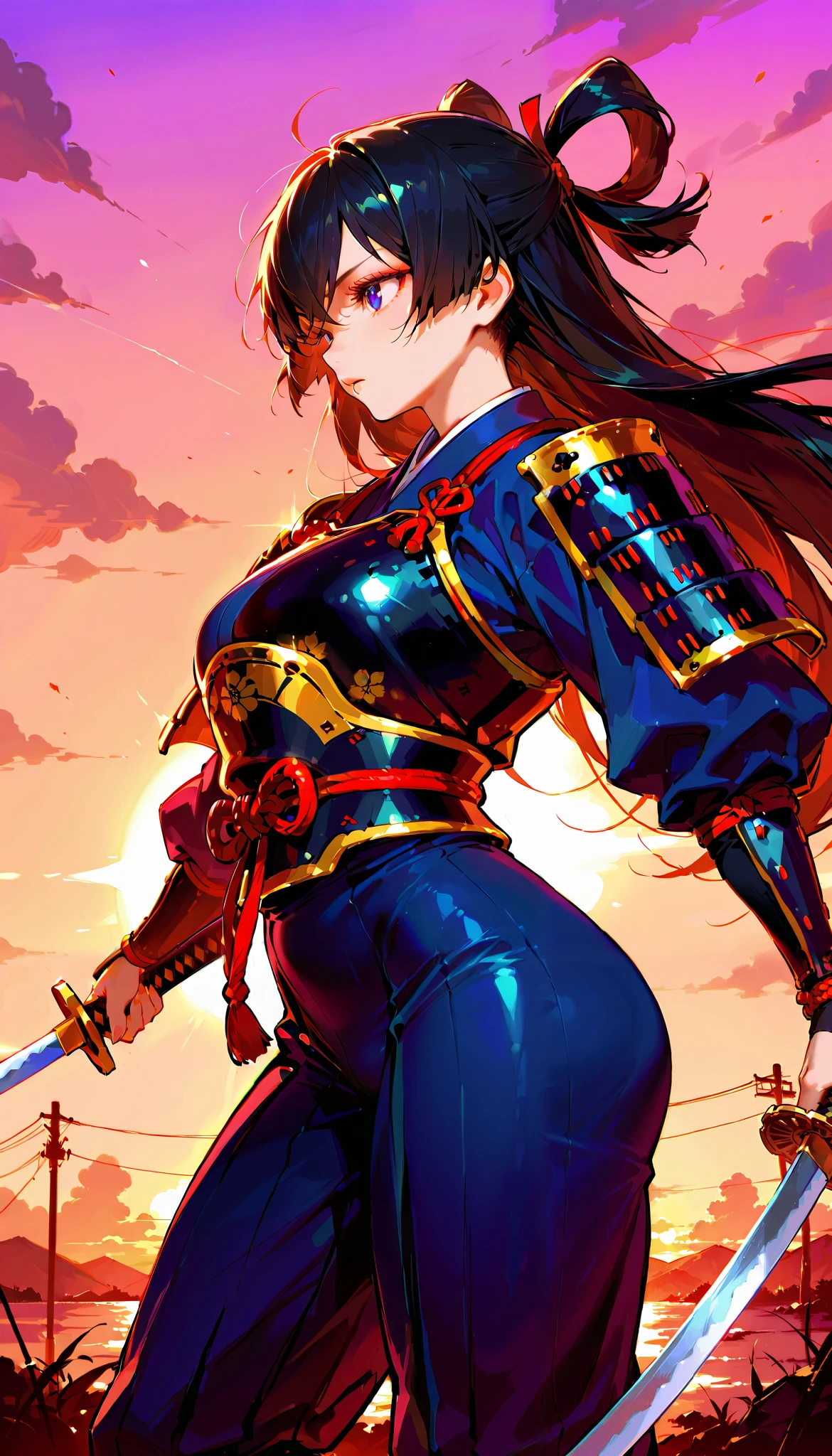 score_9, score_8_up, score_7_up,(hi-quality,high resolution), hime samurai,black hair,
Flying hair,long hair,parfect eyes,clear eyes,japanese armor,arms front,holding a sword,(curvy body:1.3),from side,sunset