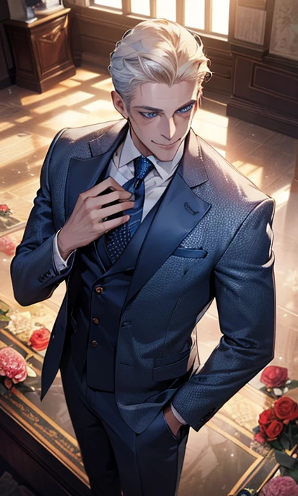 ((masterpiece:1.2, Best quality)), 4k, adult, European face, 1 person, male, mature, masculine, Beautiful, very tall, Muscles, broad shoulders, dark casual wear, White skin, medium white hair, Blue eyes, portrait, sunset, old house with apple trees.