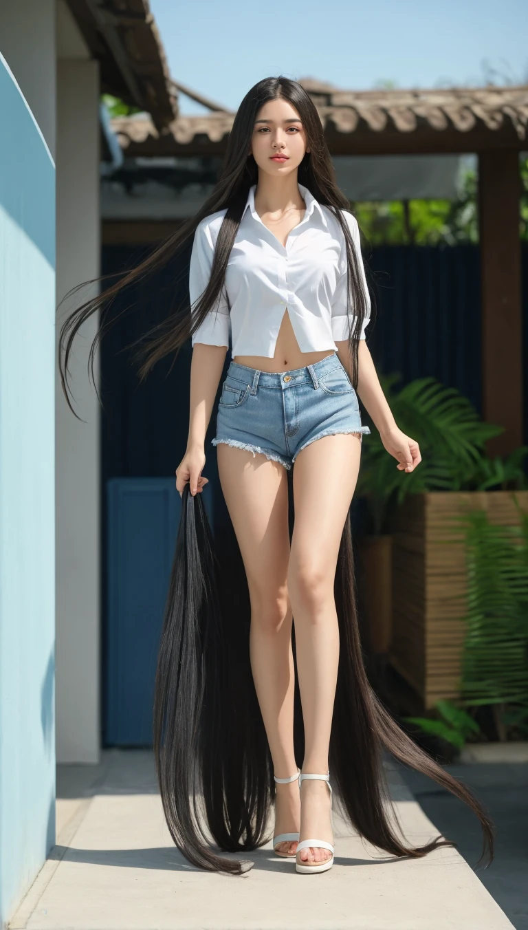 realistic, high resolution, 1 girl, white wavy hair, korean, heterochromic eyes, small moles under the eyes, loose white shirt, skinny denim skirt, large breasts, thin legs, black silk beautiful legs,