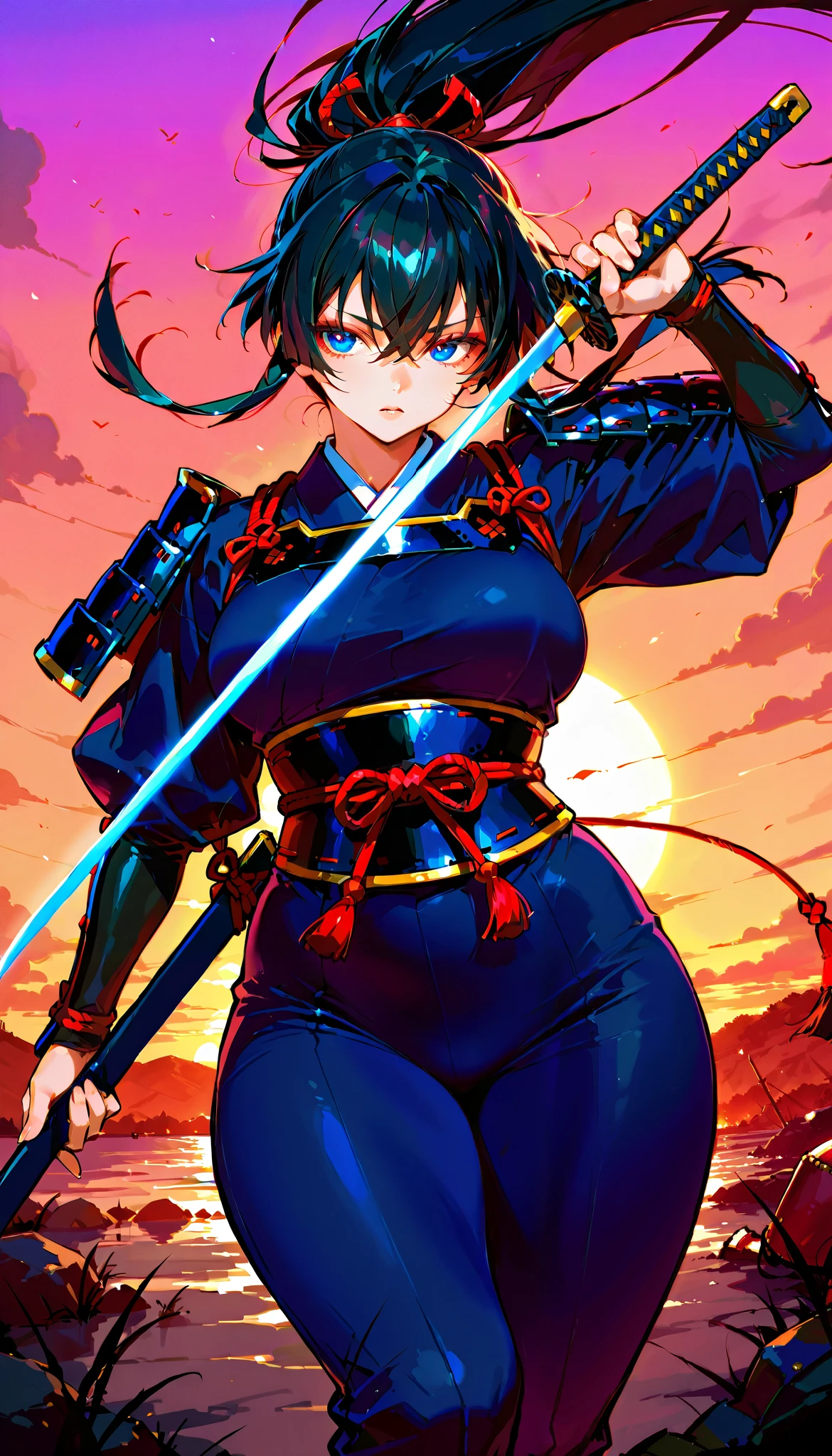 score_9, score_8_up, score_7_up,(hi-quality,high resolution), hime samurai,black hair,
Flying hair,long hair,parfect eyes,clear eyes,japanese armor,arms front,holding a sword,(curvy body:1.3),from front,sunset