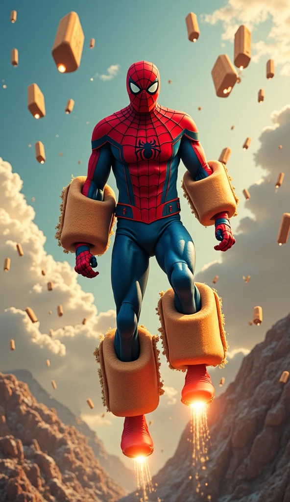 Gaint spider man eating a gaint chocolate in chocolate island 