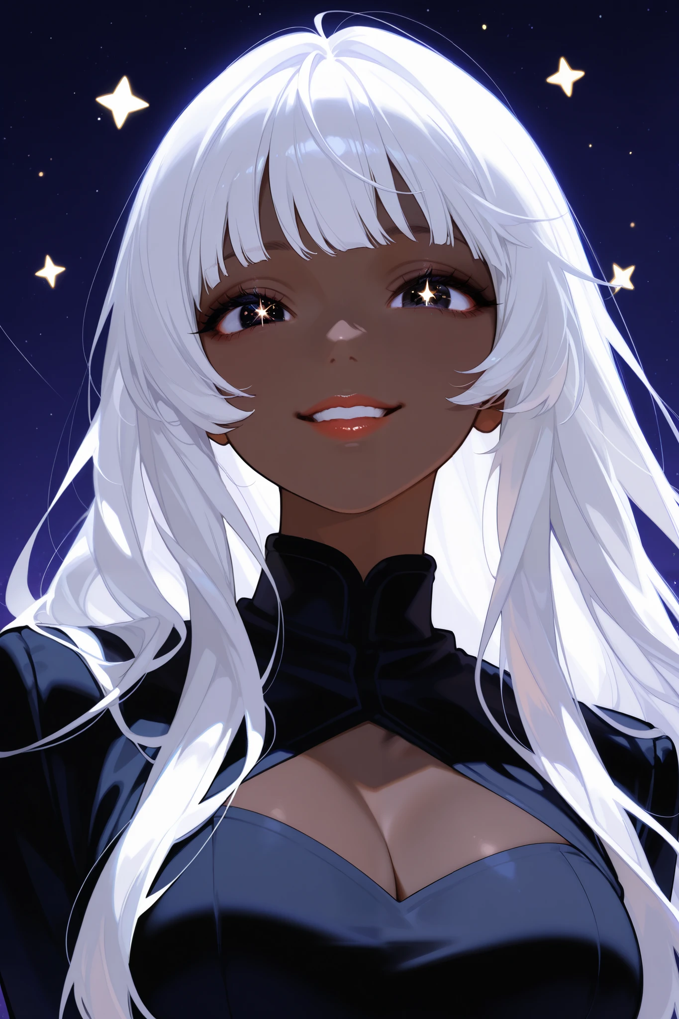A beautiful black woman, she has beautiful long hair, striking dark eyes, smiling adorably, full lips, on a background with stars.