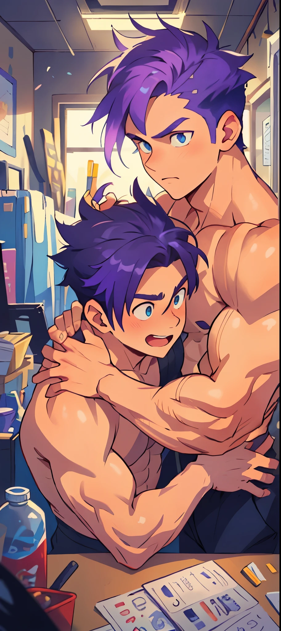 (tmasterpiece,Best quality at best,absurd res),2 boys,Naked boys,is shy,Be red in the face,Shy,musculous,Detailed eyes,nakeness,(nakeness),eBlue eyes,Bare topless,Upper body body,short blue-purple hair,(fluorescent light),(a color),((abstract backgrounds))