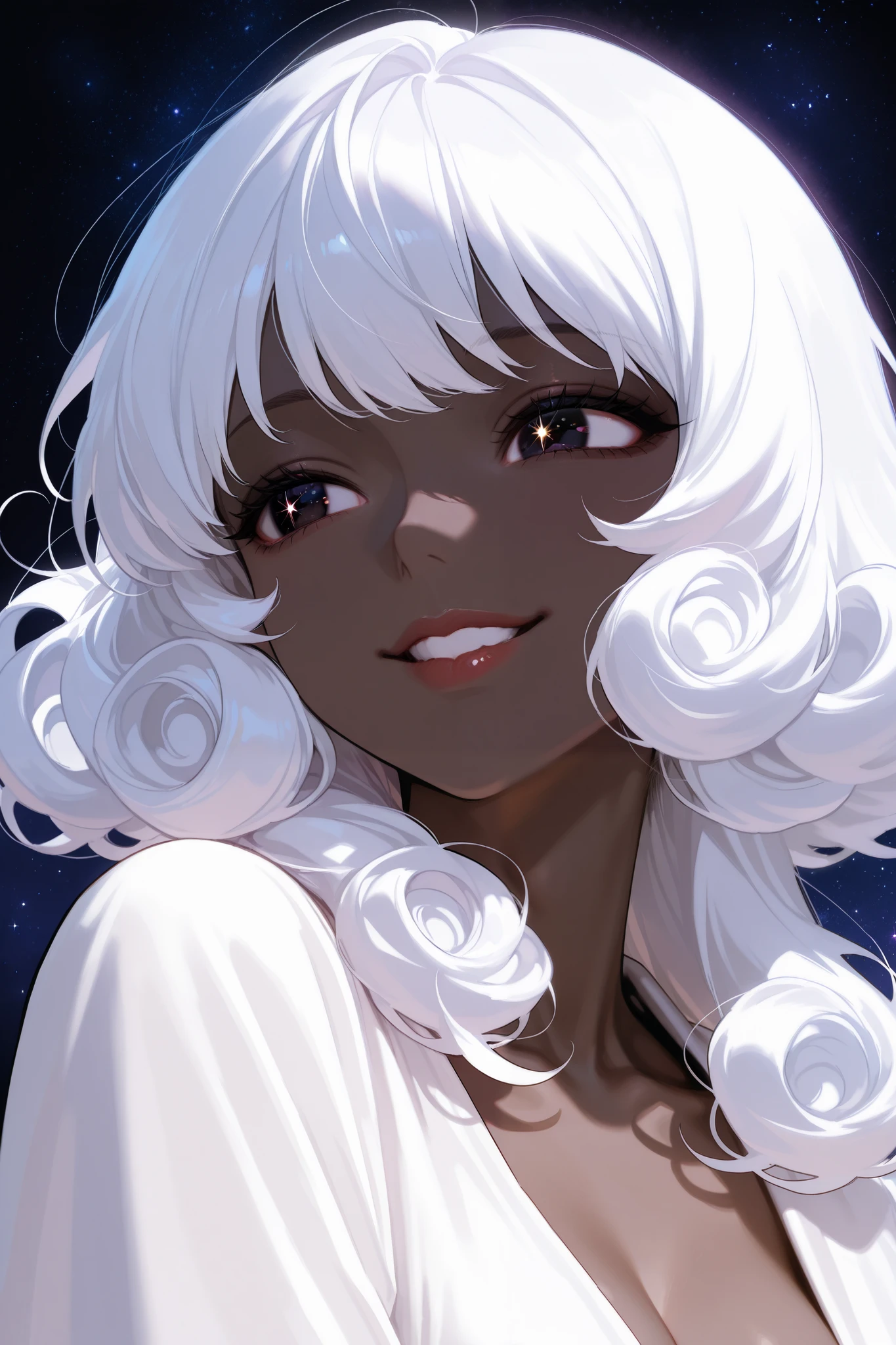 A beautiful black woman, she has beautiful long white curly hair with bangs, striking dark eyes, smiling adorably, full lips, on a background with stars.