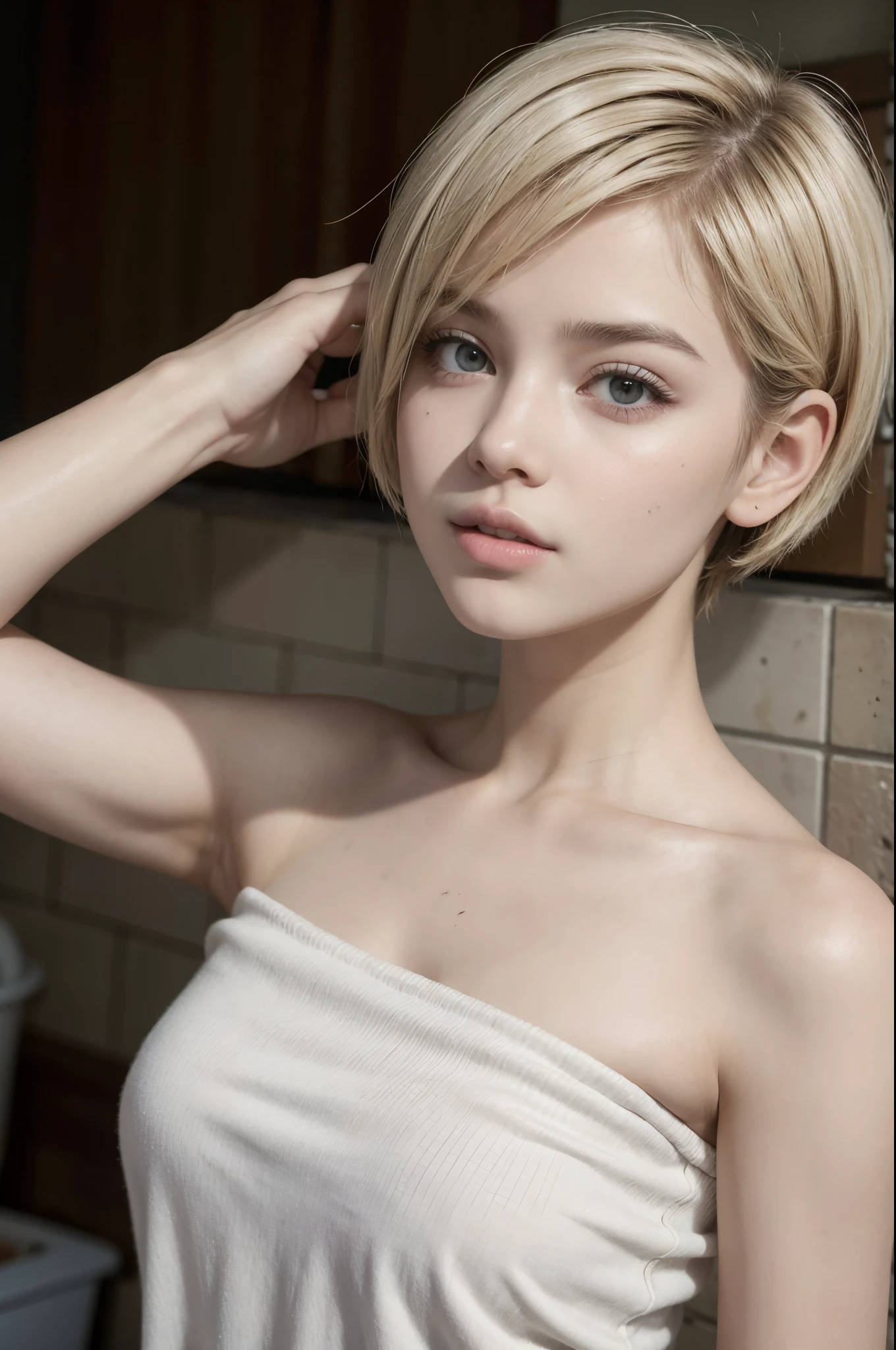 Nude, armpit, blonde hair, short hair, abs, medium breast