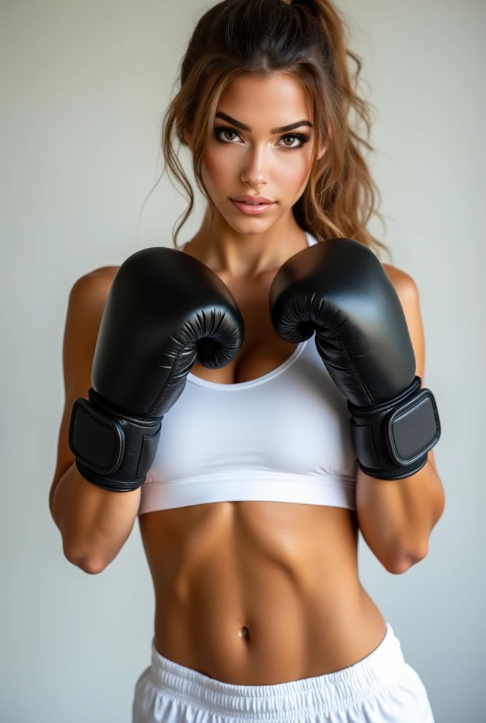 Woman boxer, handsome face, toned, sports bra, long black pants, long black hair, boxing gloves, sweating