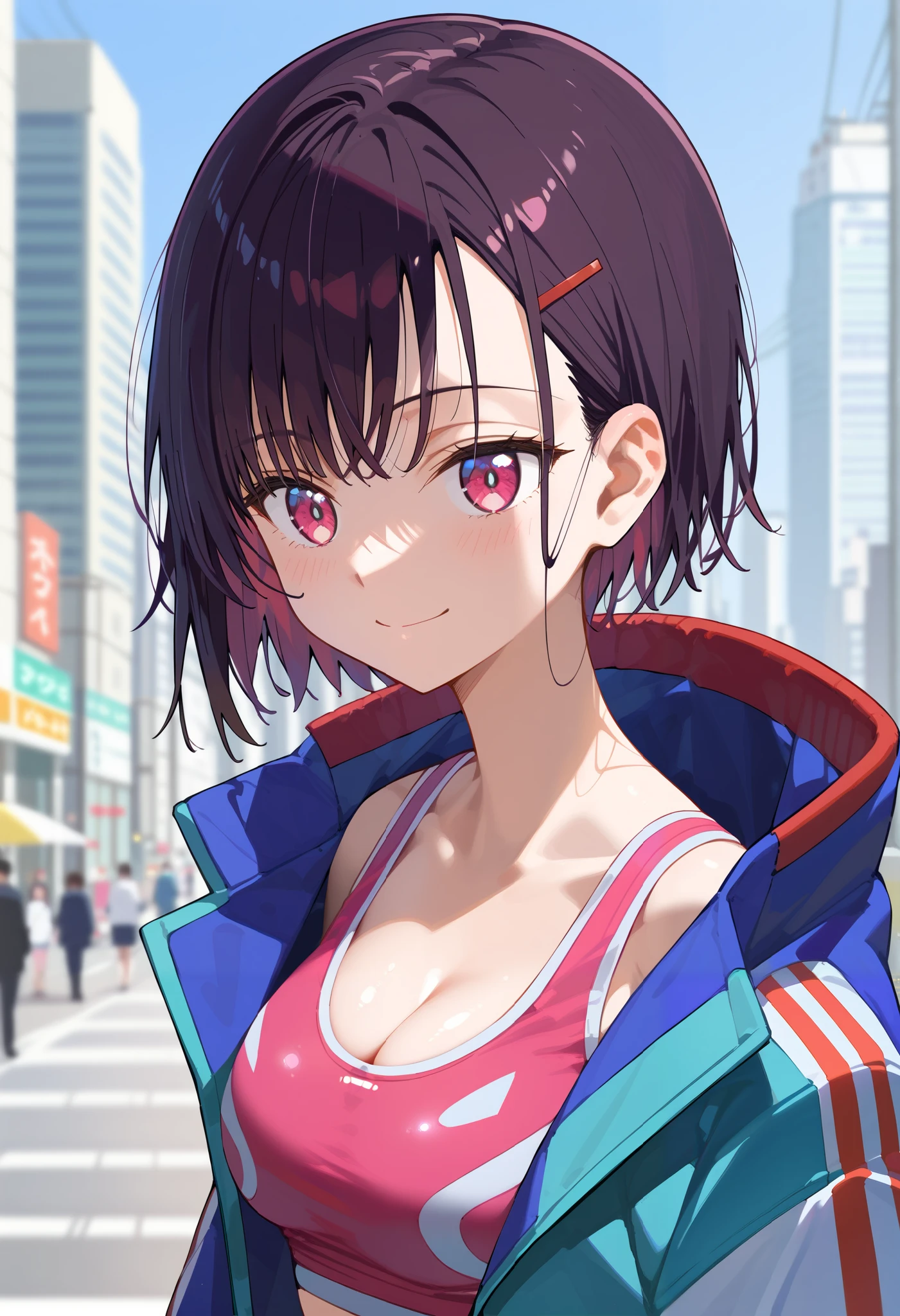 Mikazuki Shizuka, alone,,jacket, open jacket, pink sports bra ,standing,city,BREAK
score_9, score_8_superior, score_7_superior, anime,shiny skin ,smile,close up of breasts