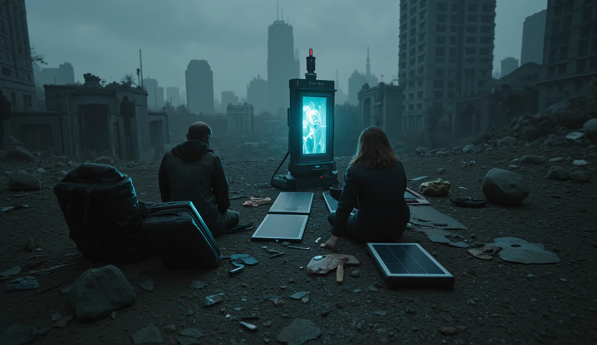 joyful dirty homeless man holding women in his hands, in the trash heap, wearing VR headset, twilight, nuclear explosion behind, VisionPro1024, High detailed RAW color Photo, 8k<lora:VisionPro1024:0.5>
