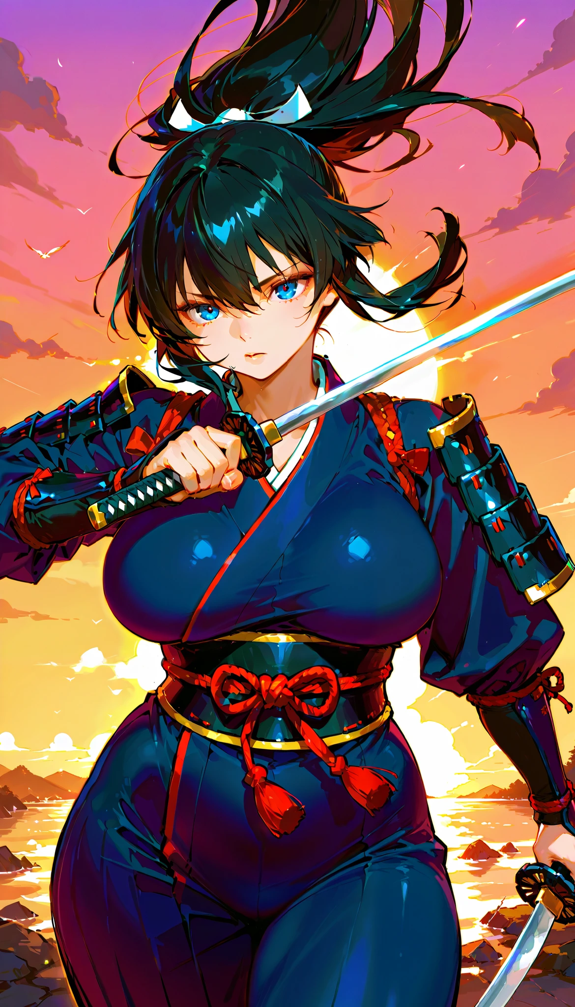 score_9, score_8_up, score_7_up,(hi-quality,high resolution), hime samurai,black hair,
Flying hair,long hair,parfect eyes,clear eyes,japanese armor,arms front,holding a sword,(curvy body:1.3),from front,sunset