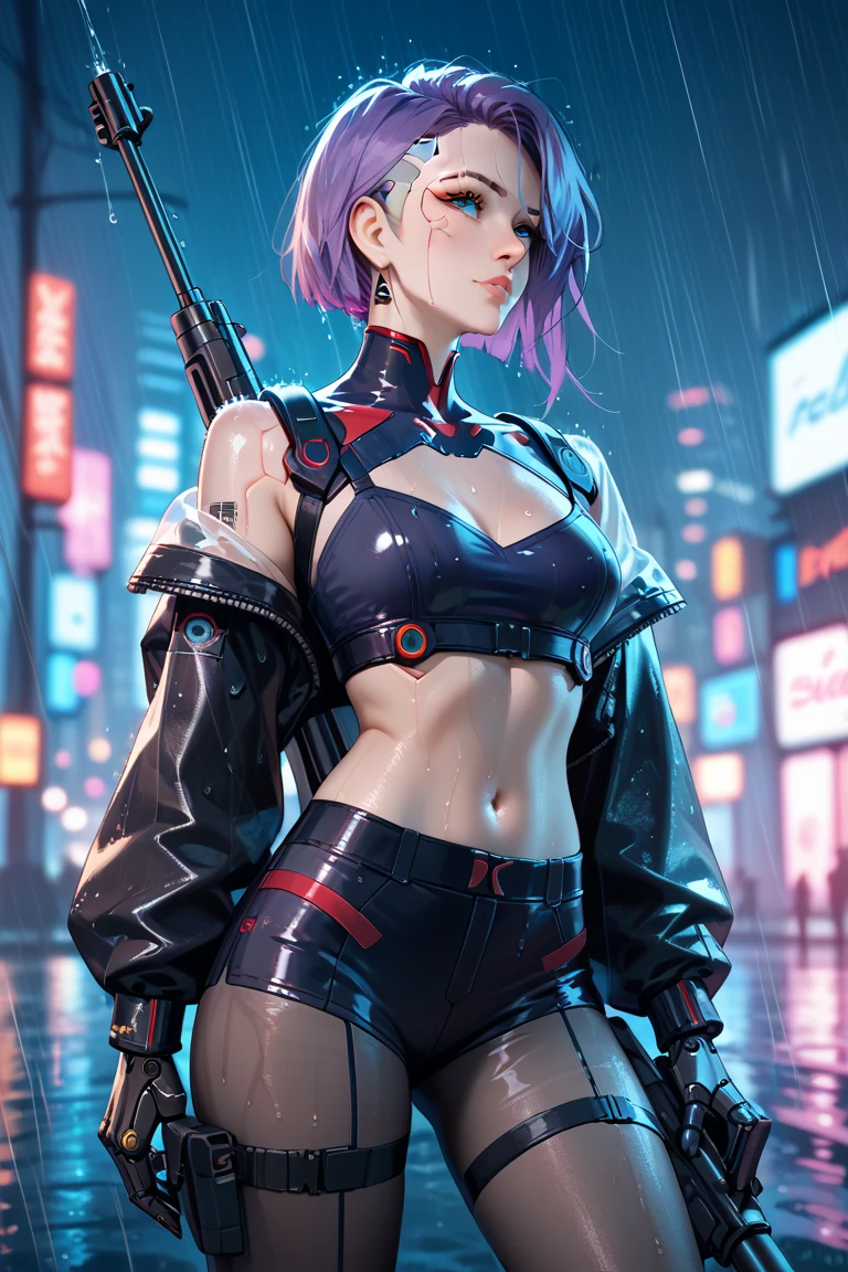 (masterpiece, best quality, ultra detailed, absurdres)1.5, 1girl, (sexy, beautiful woman, perfect face, perfect eyes, perfect female body, huge breasts)1.5, (CyberRitaMoxBouncer, tattoo, white, topwear, make up, purple hair, double bun, mechanical parts, cyberpunk, holding baseball bat, <lora:CyberRitaMoxBouncer:0.8>), (standing, science fiction, neon lights, outdoors, nightclub in background, night sky), perfect lighting, smooth, hdr