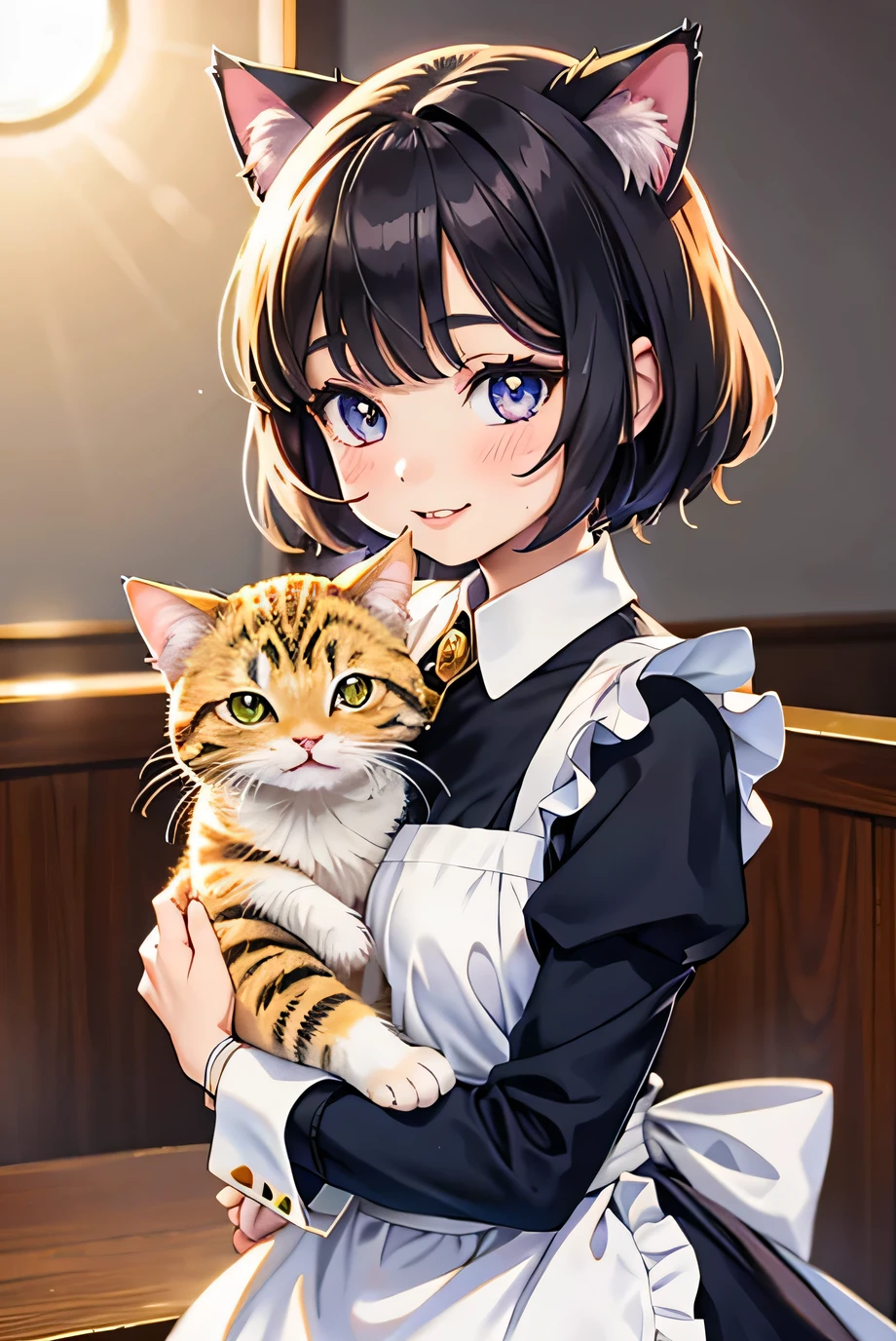 1girl, short hair, cat ears, maid uniform, illustration, extremely cute, shy, holding a cat, smiling, (best quality,4k,8k,highres,masterpiece:1.2),ultra-detailed,(realistic,photorealistic,photo-realistic:1.37),detailed eyes,detailed lips,detailed face,long eyelashes,cute expression,warm lighting,vibrant colors,soft focus,digital painting