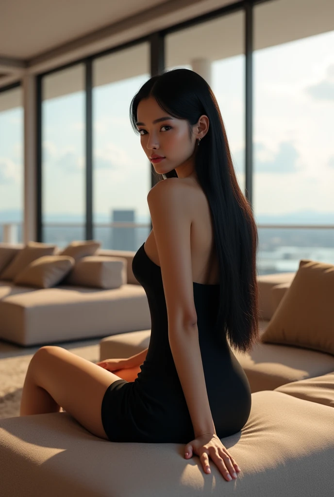 Beautiful girl sitting on the edge of a black bed , inside a room with sea views and with the thumb up of the right hand, wearing a short dress , crossing her legs and wearing high red heels.