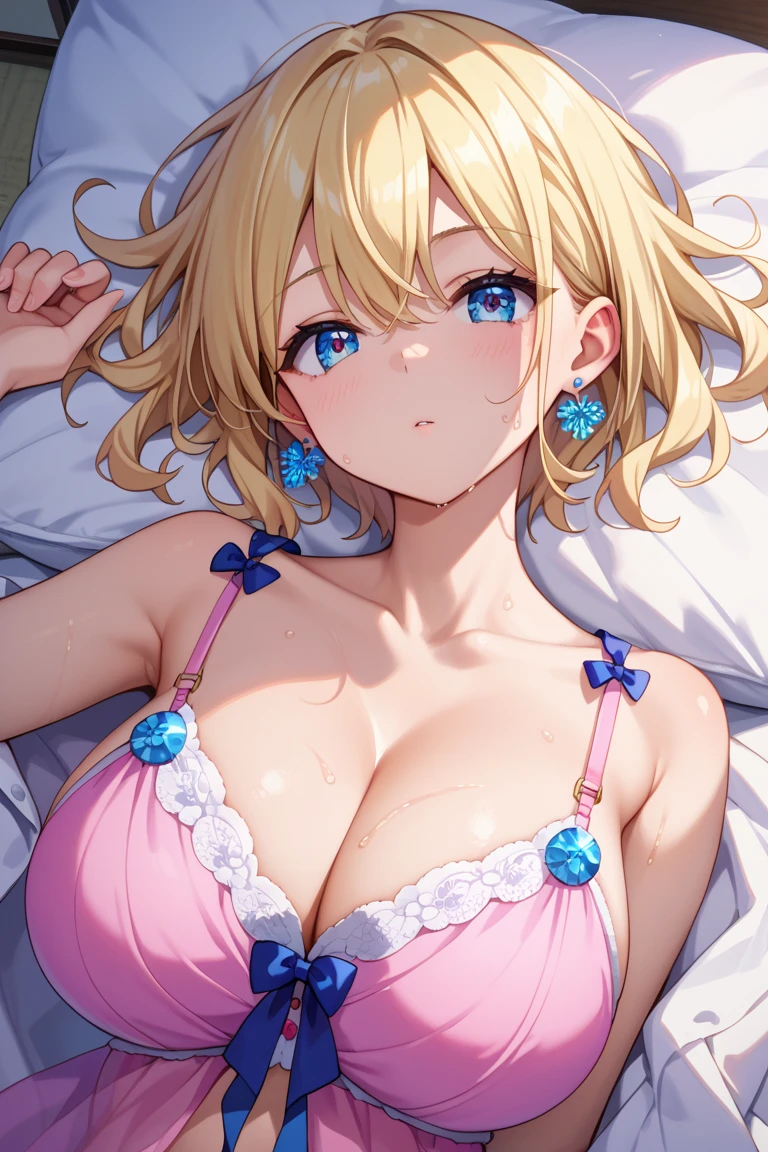 masterpiece, best quality, 1 girl, detailed beautiful face, short hair, waved hair, twintail, blonde hair, French braid, (floral pattern bra and panties), embarrassed, sweat, (grabbing her own breast), lying on bed, hand in panties, masturbation, (((squirting))), orgasm, open mouth, drunken eyes