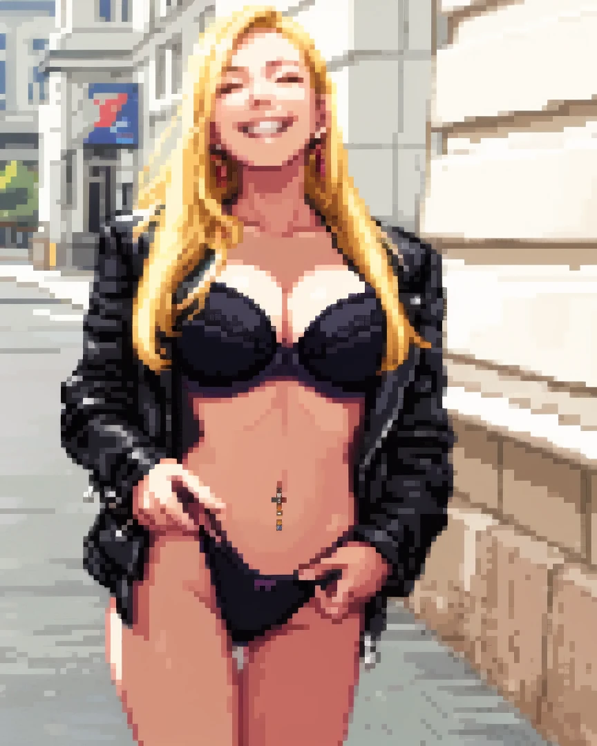 Score_9, score_8_up, score_7_up, 1girl, solo, breasts, sitting, spread legs, looking to the side, 2.5D, score_9, score_8_up, score_7_up, score_6_up, score_5_up, score_4_up, source_cartoon, (((student clothes))), tight bra, bright blue intense eyes, black eye makeup, black lips, spiked choker, long hair, blonde hair, wearing a black thong, wearing black nipple pasties, wearing fishnets, mischievous smile, highly detailed background marvel city,
