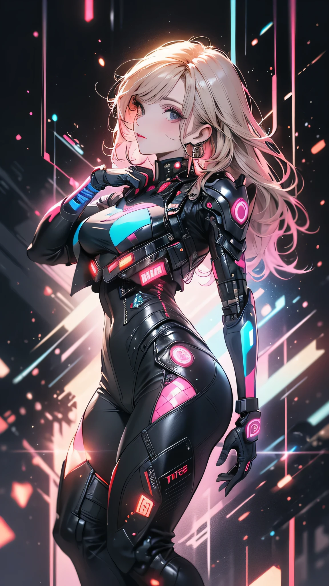 A beautiful anime girl in a rose gold and silver futuristic mecha suit with the quality of a surrealist masterpiece. She has a delicate angelic face and devilish curves that shine in realistic lighting, pink neons, teal neons, fashion portrait, gradient background, aurora borealis, best quality, 8k, cinematic, incredible details, incredible skin, polish