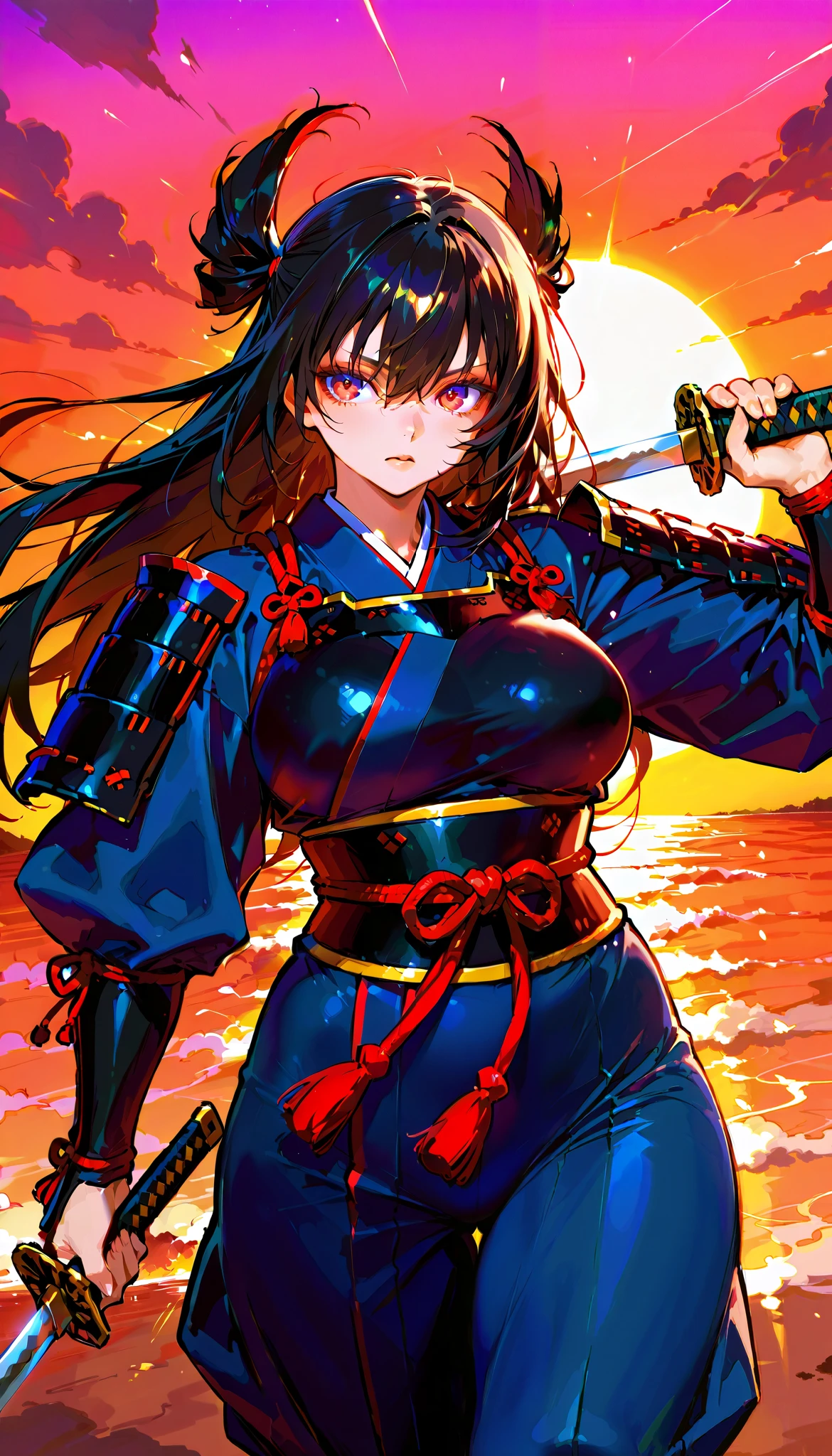score_9, score_8_up, score_7_up,(hi-quality,high resolution), hime samurai,black hair,
Flying hair,long hair,parfect eyes,clear eyes,japanese armor,arms front,holding a sword,(curvy body:1.3),from front,sunset