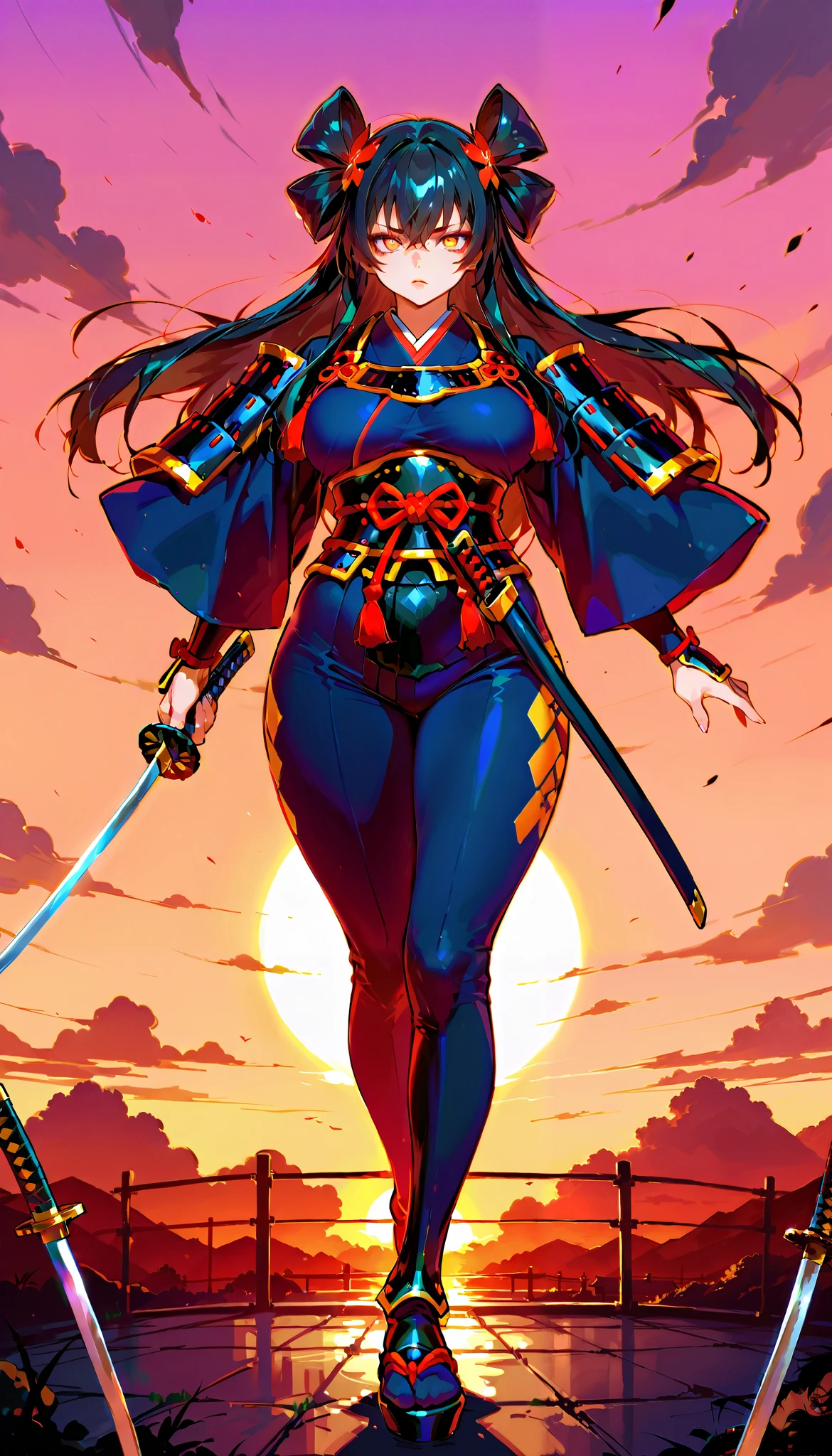 score_9, score_8_up, score_7_up,(hi-quality,high resolution), hime samurai,black hair,
Flying hair,long hair,parfect eyes,clear eyes,japanese armor,arms front,holding a sword,(curvy body:1.3),from front,sunset